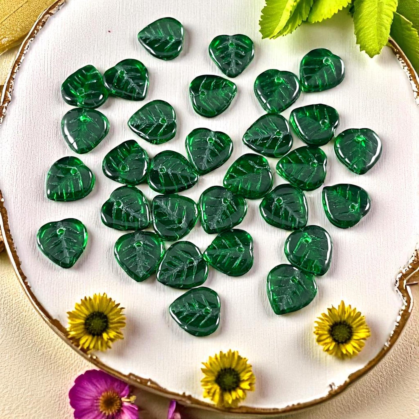 Green Czech Glass Beads, 9mm Top Drilled Emerald Green Heart Shaped Beads (2714MD) * Qty. 50