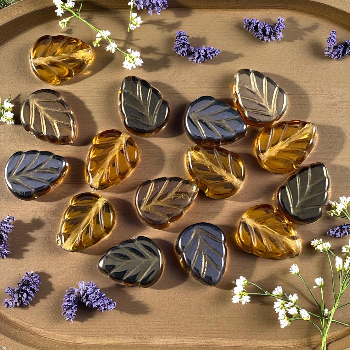 10x8mm Brown Czech Glass Leaf Beads, Honey Gold Leaf with Metallic Gold and Bronze Half Coat (Mint18) * Qty. 16