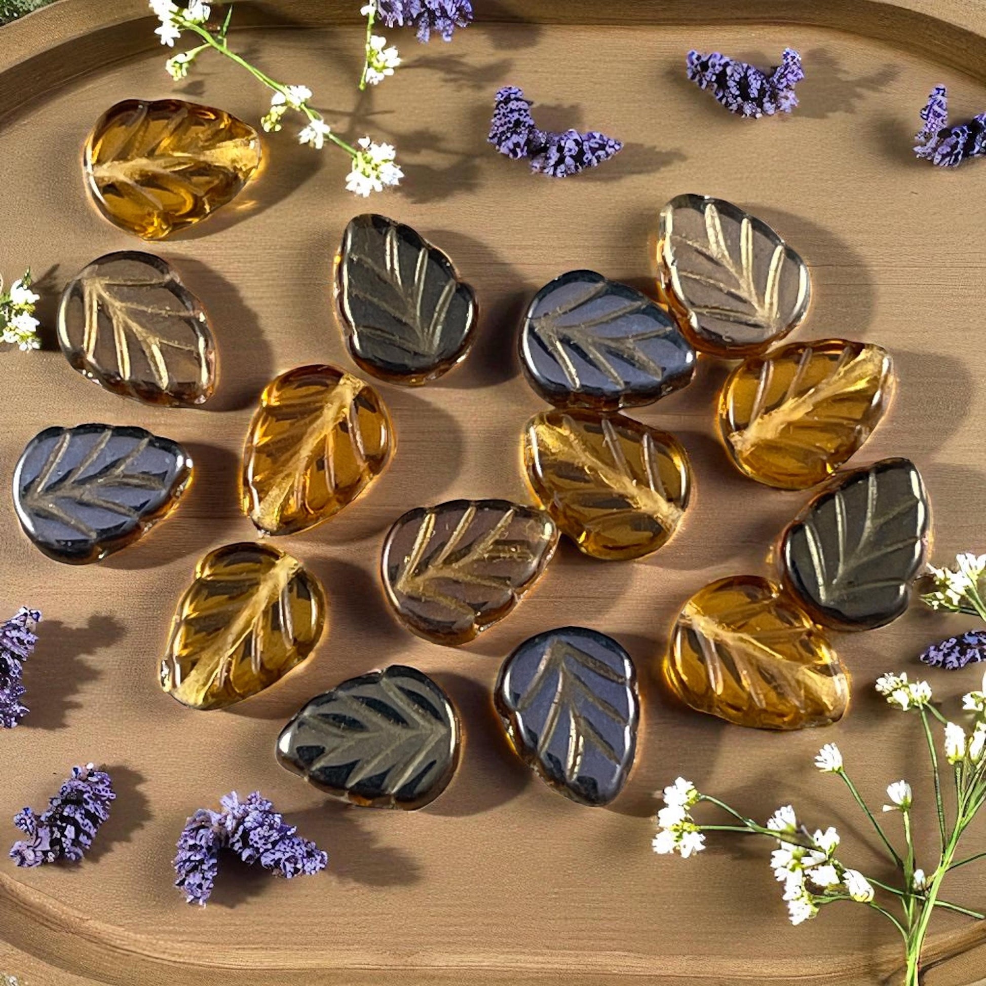 10x8mm Brown Czech Glass Leaf Beads, Honey Gold Leaf with Metallic Gold and Bronze Half Coat (Mint18) * Qty. 16