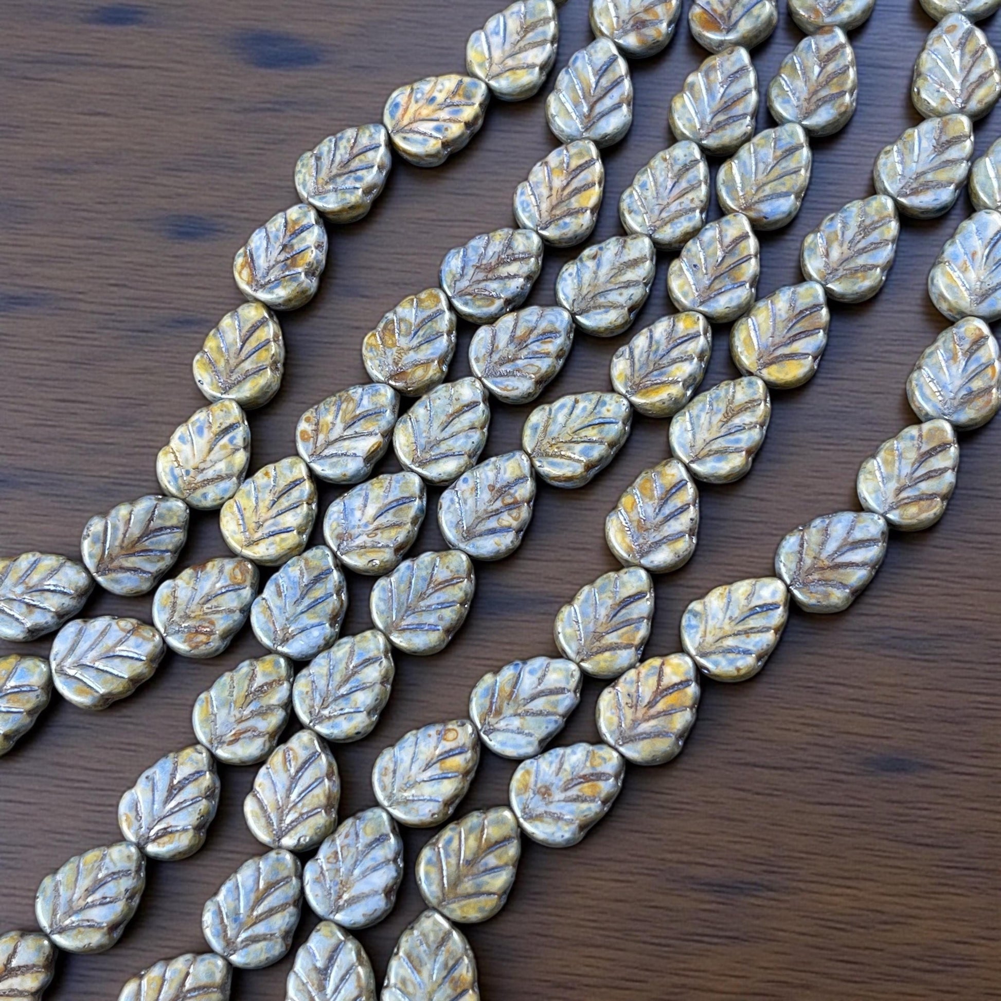 Czech Glass Beads - Alabaster Blue Sage Picasso 10x8mm Center Drilled Mint Leaf Bead (Mint28) * Qty. 16