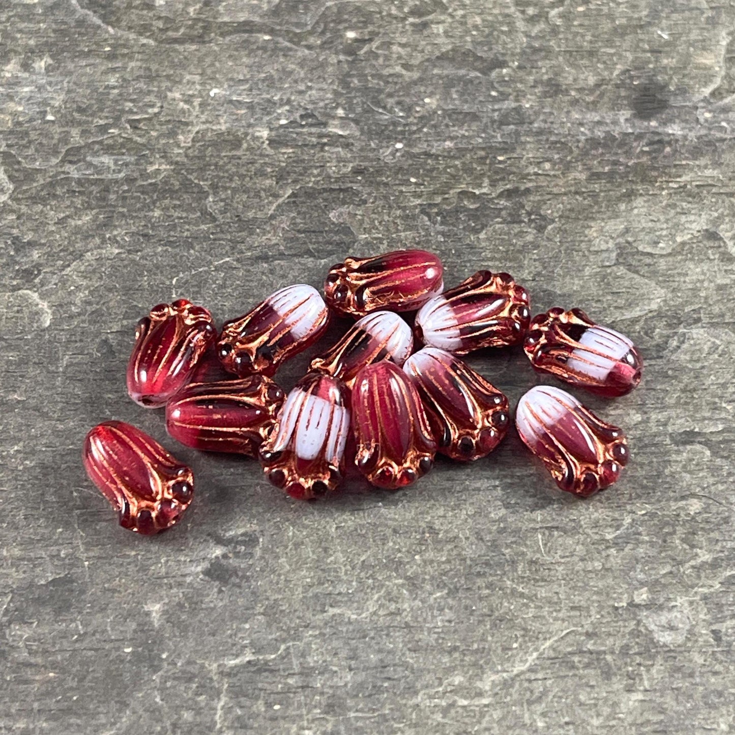 Czech Glass Beads - 12x8mmDark Fuchsia and White Lily Bud Flower Beads with Copper Wash (LBud37) * Qty. 12