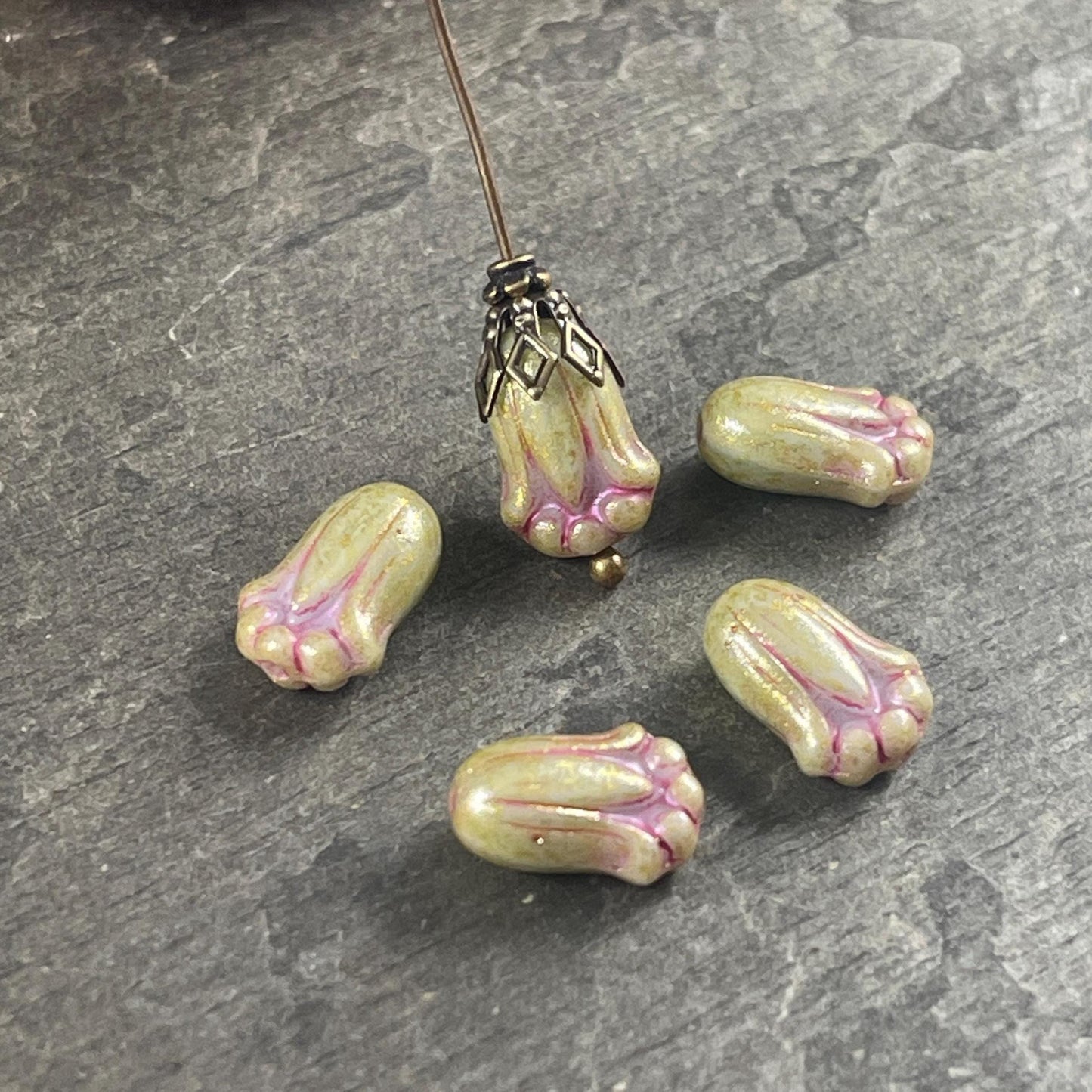 Czech Glass Beads - 12x8mm Green Lily Bud Flower Beads with Pink Wash (LBud49) * Qty. 12