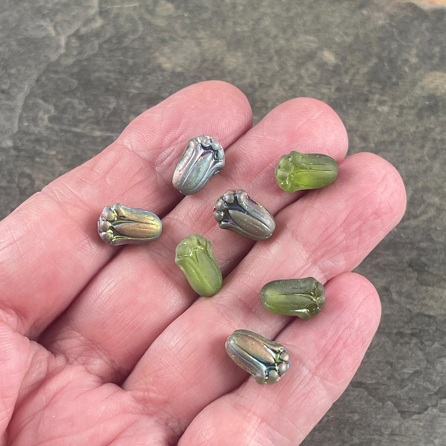 Czech Glass Beads - 12x8mm Matte Peridot Green Lily Bud Flower Beads with Vitrail (LBud49) * Qty. 12