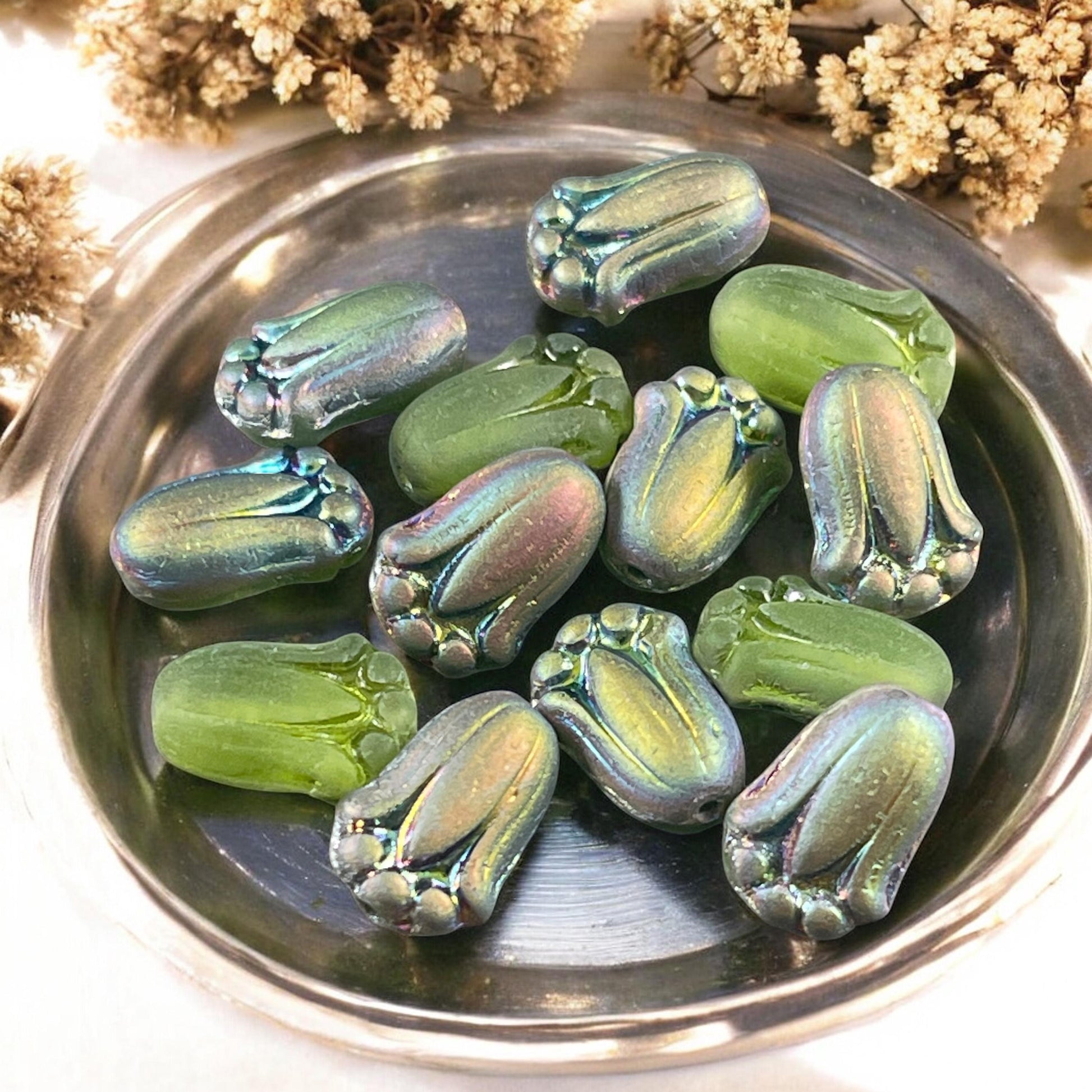 Czech Glass Beads - 12x8mm Matte Peridot Green Lily Bud Flower Beads with Vitrail (LBud49) * Qty. 12