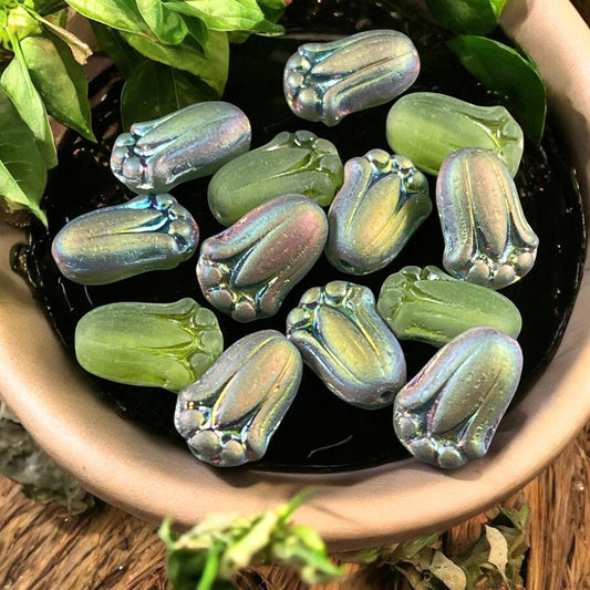 Czech Glass Beads - 12x8mm Matte Peridot Green Lily Bud Flower Beads with Vitrail (LBud49) * Qty. 12