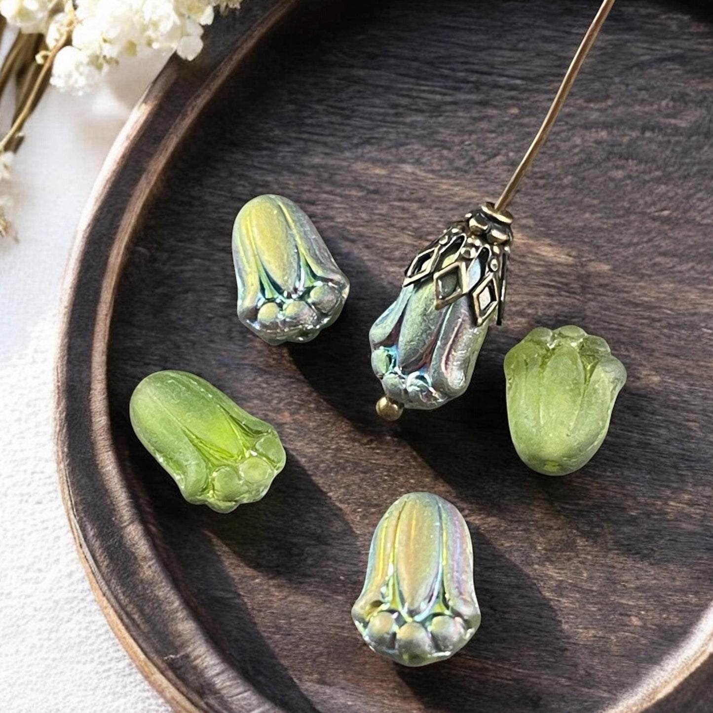 Czech Glass Beads - 12x8mm Matte Peridot Green Lily Bud Flower Beads with Vitrail (LBud49) * Qty. 12