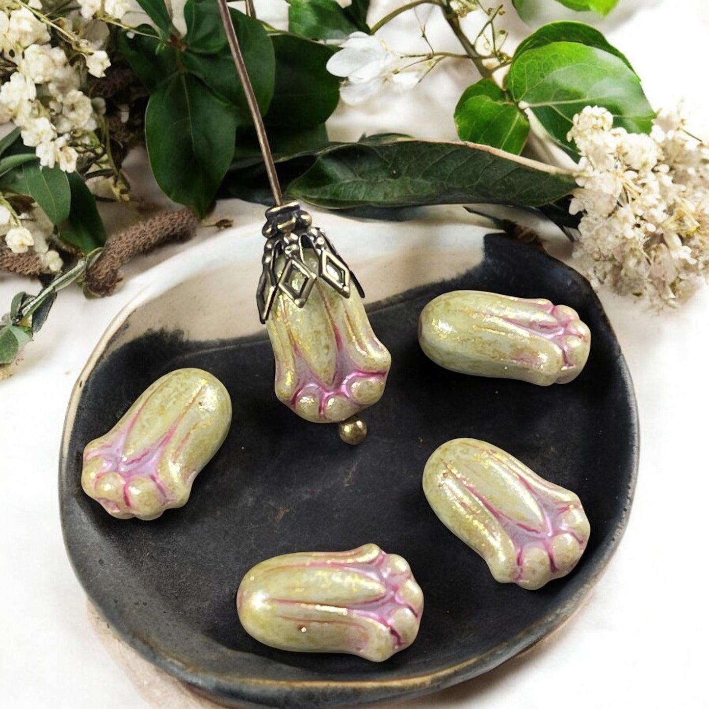 Czech Glass Beads - 12x8mm Green Lily Bud Flower Beads with Pink Wash (LBud49) * Qty. 12