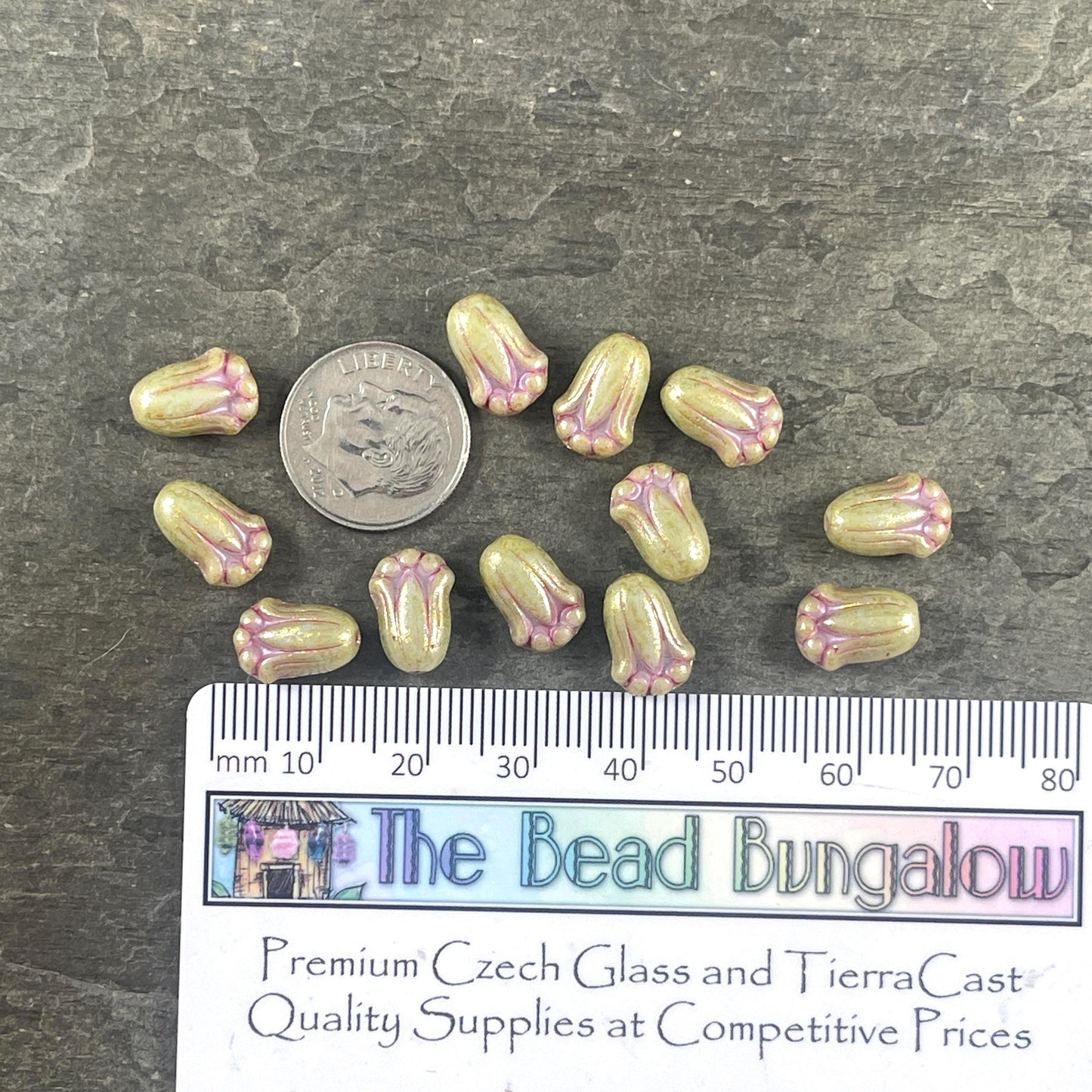 Czech Glass Beads - 12x8mm Green Lily Bud Flower Beads with Pink Wash (LBud49) * Qty. 12