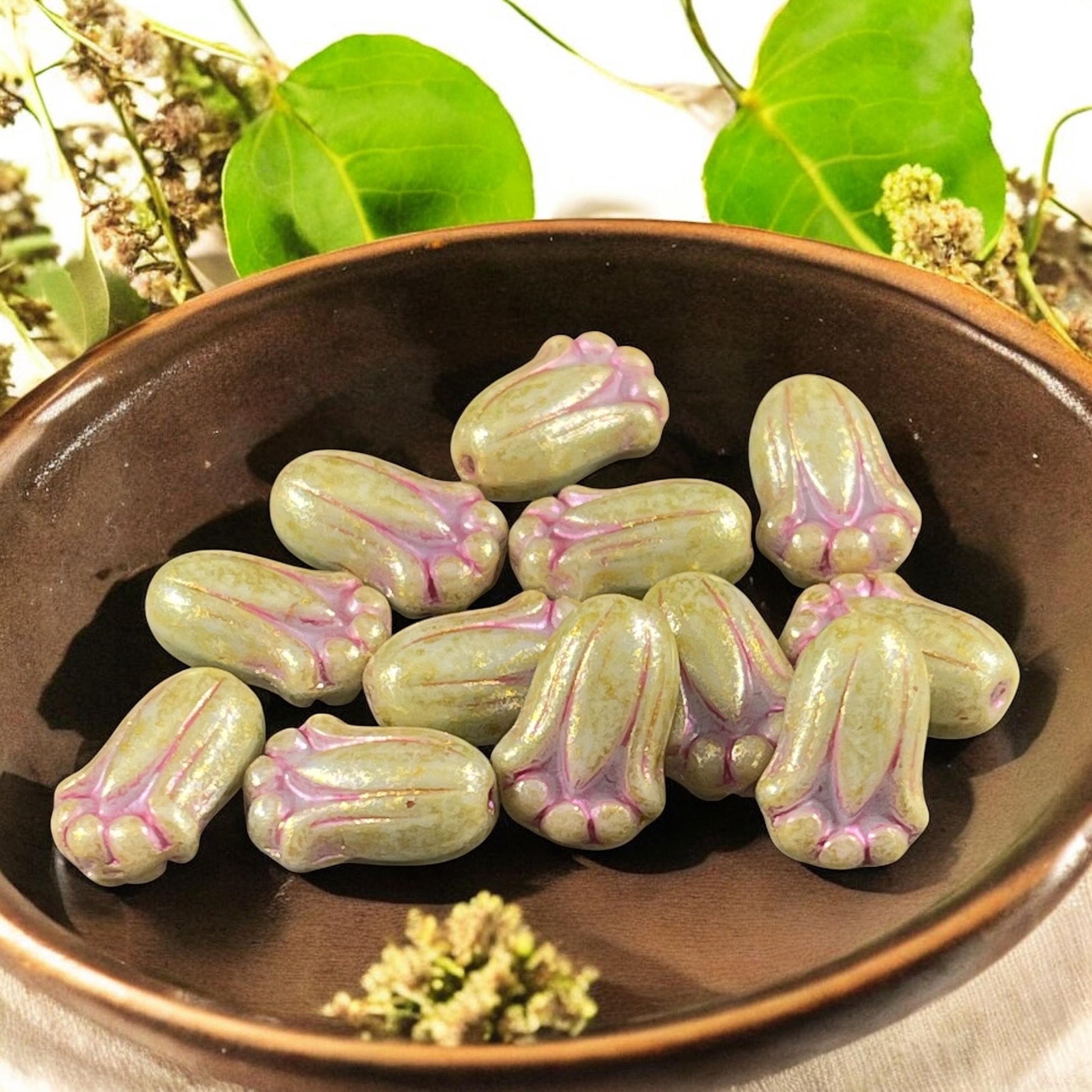 Czech Glass Beads - 12x8mm Green Lily Bud Flower Beads with Pink Wash (LBud49) * Qty. 12