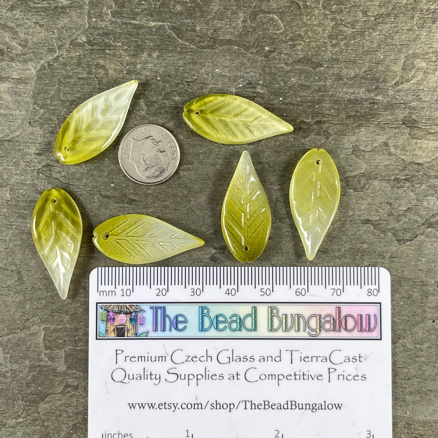 Olive Green Glass Leaf Beads, Top Drilled, 32x14mm Wavy Leaf Bead (OGW-32x14) * 15 Beads