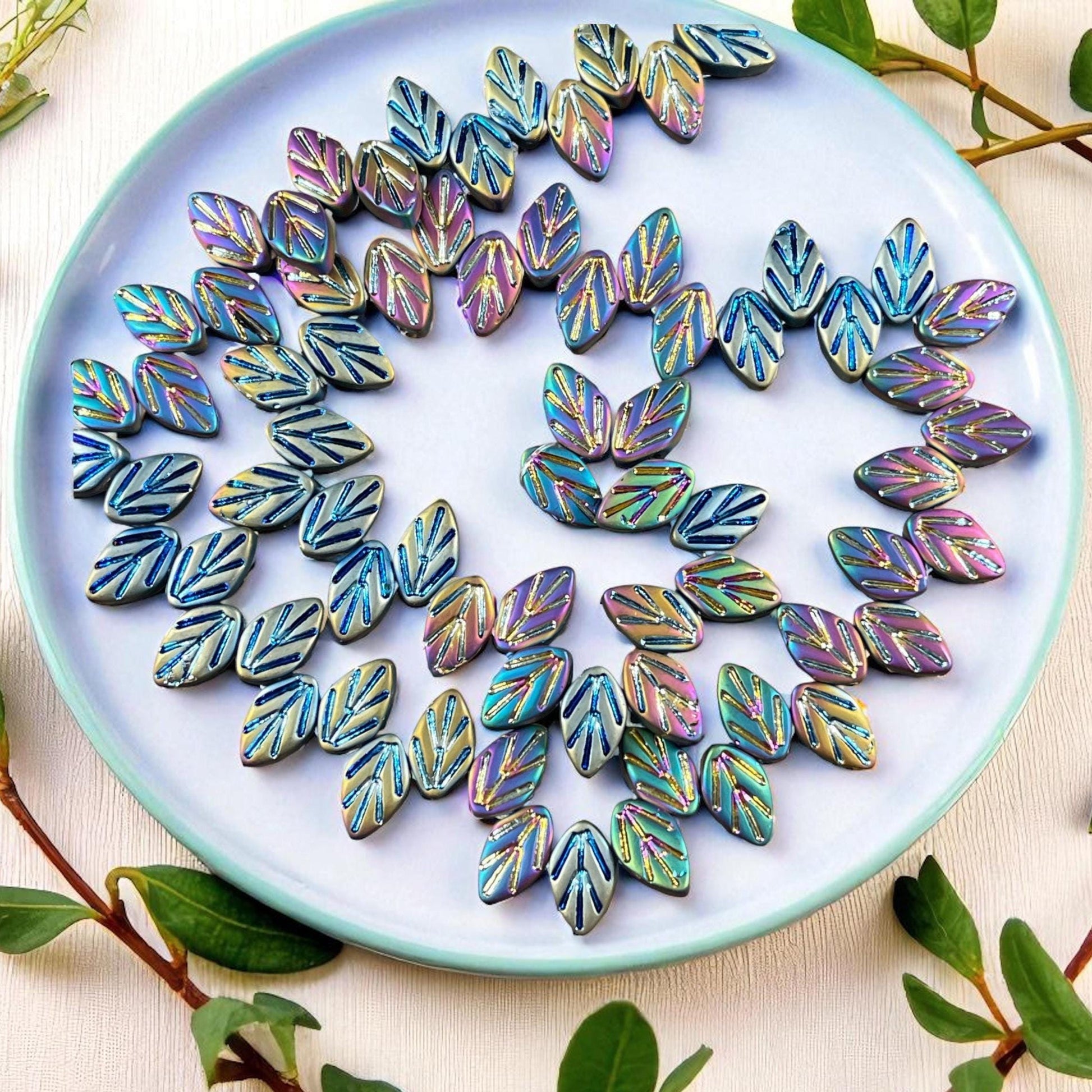Matte Iris Glass Leaf Beads, Briolette Style Leaf (3222GL) * Qty. 20 beads