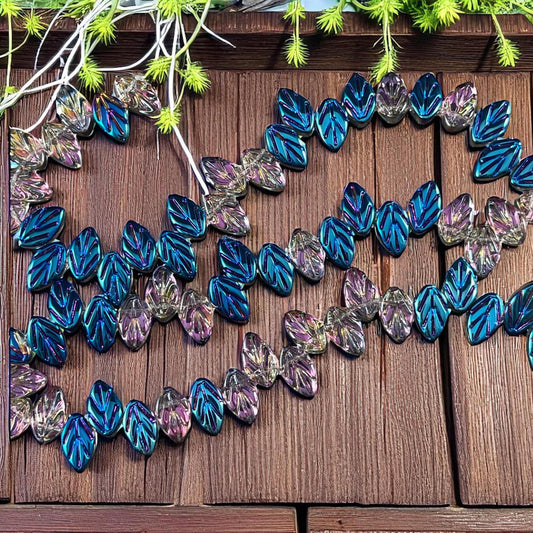 Metallic Blue Vitrail Glass Leaf Beads, Briolette Style Leaf (3223GL) * Qty. 20 beads