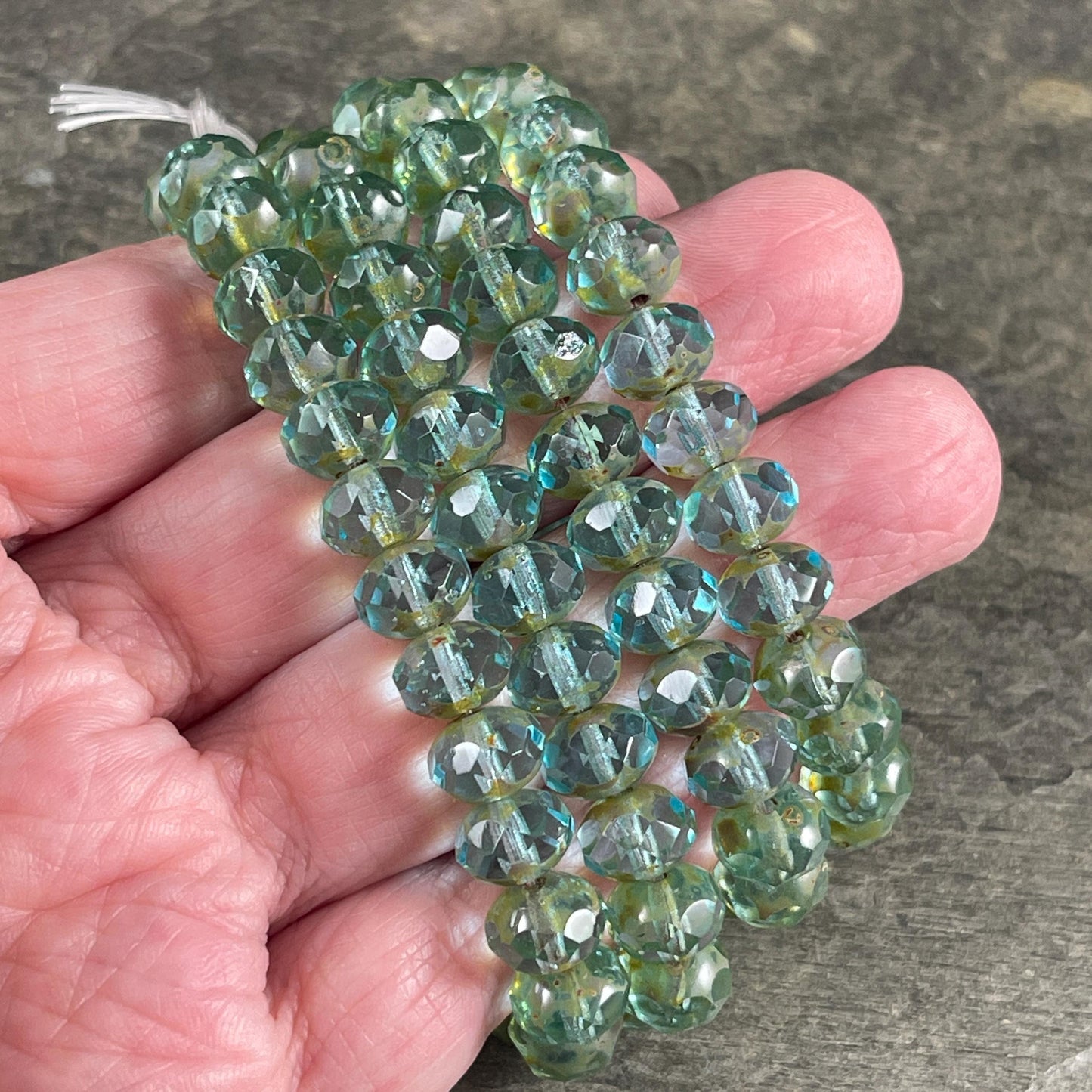 Czech Beads, 8x6mm Faceted Rondelle, Transparent Aqua Blue with Picasso (R8/N-0597) * 25 Beads
