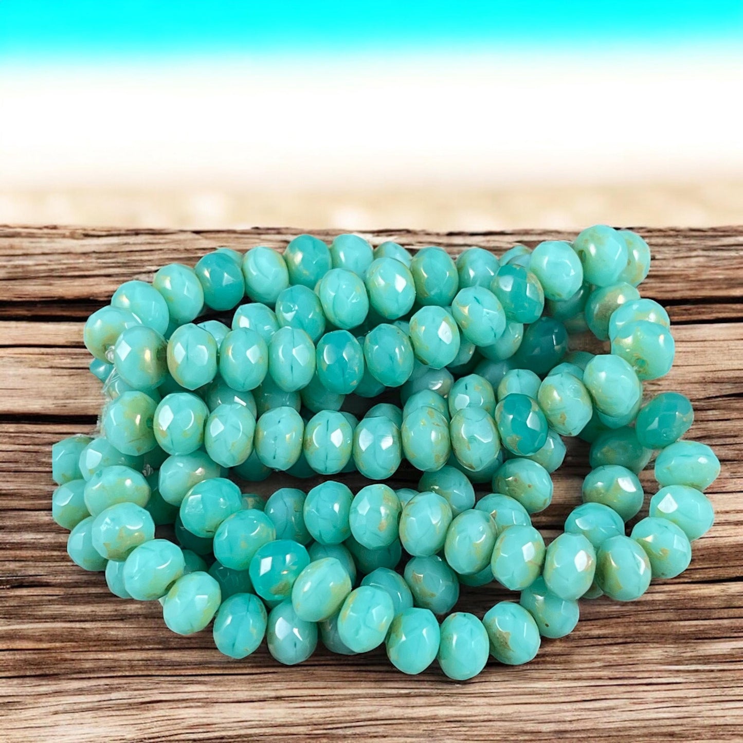 Czech Glass Rondelles, 7x5mm Opaque Tea Green, Light Turquoise Blue with Picasso (R7/N-0888v2) * Qty. 25