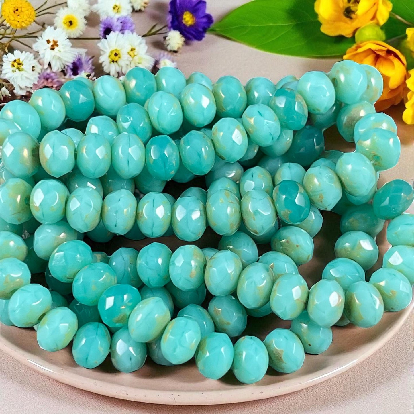 Czech Glass Rondelles, 7x5mm Opaque Tea Green, Light Turquoise Blue with Picasso (R7/N-0888v2) * Qty. 25