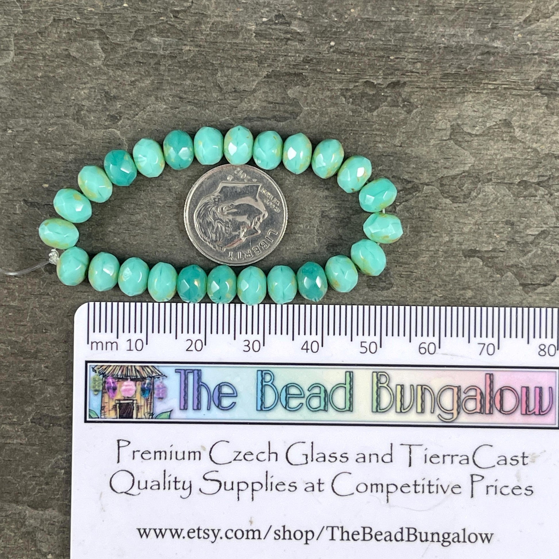 Czech Glass Rondelles, 7x5mm Opaque Tea Green, Light Turquoise Blue with Picasso (R7/N-0888v2) * Qty. 25