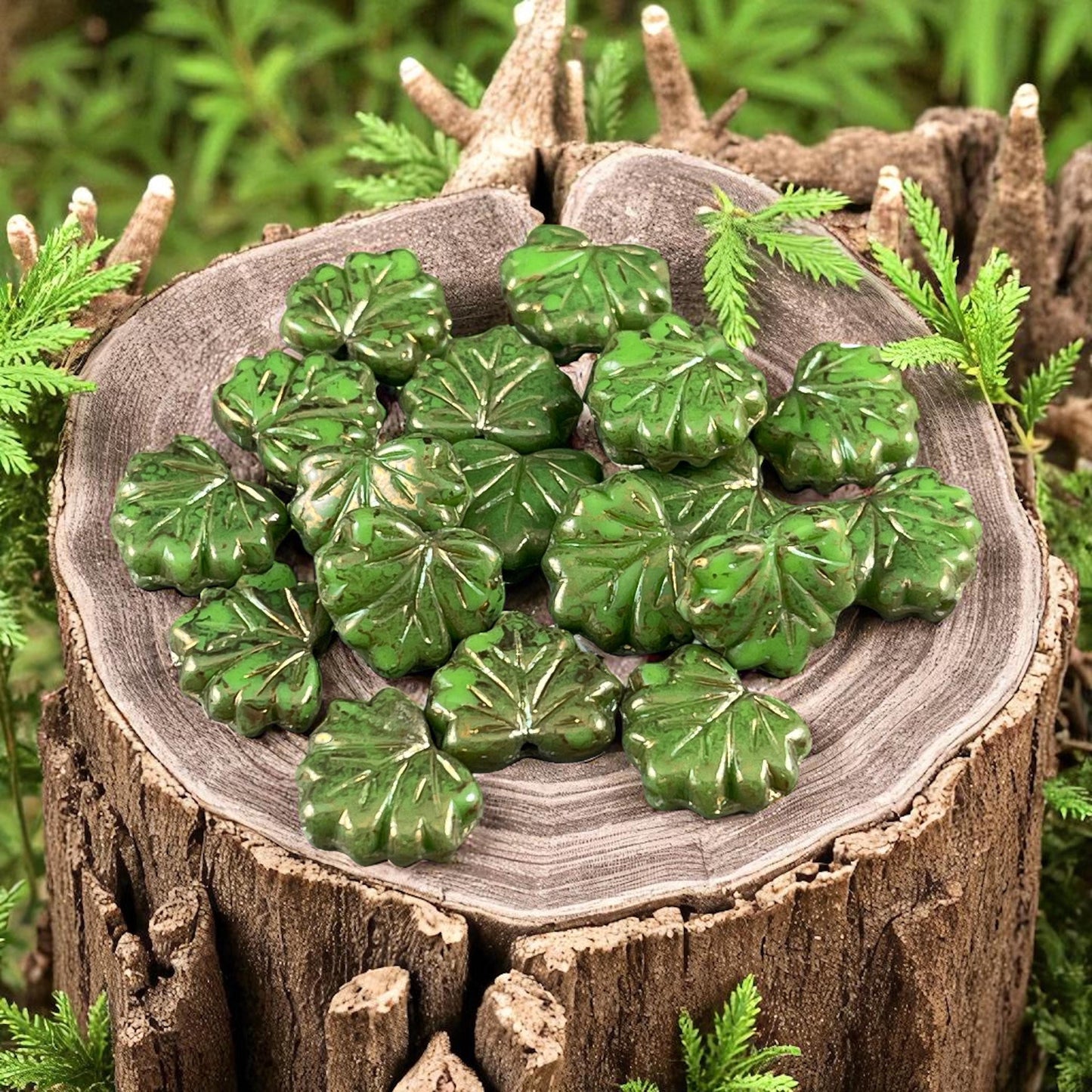 Czech Glass Beads, 10x13mm Green Maple Leaf, Nature Theme Leaf Beads (ML/N-0002) * Qty. 10