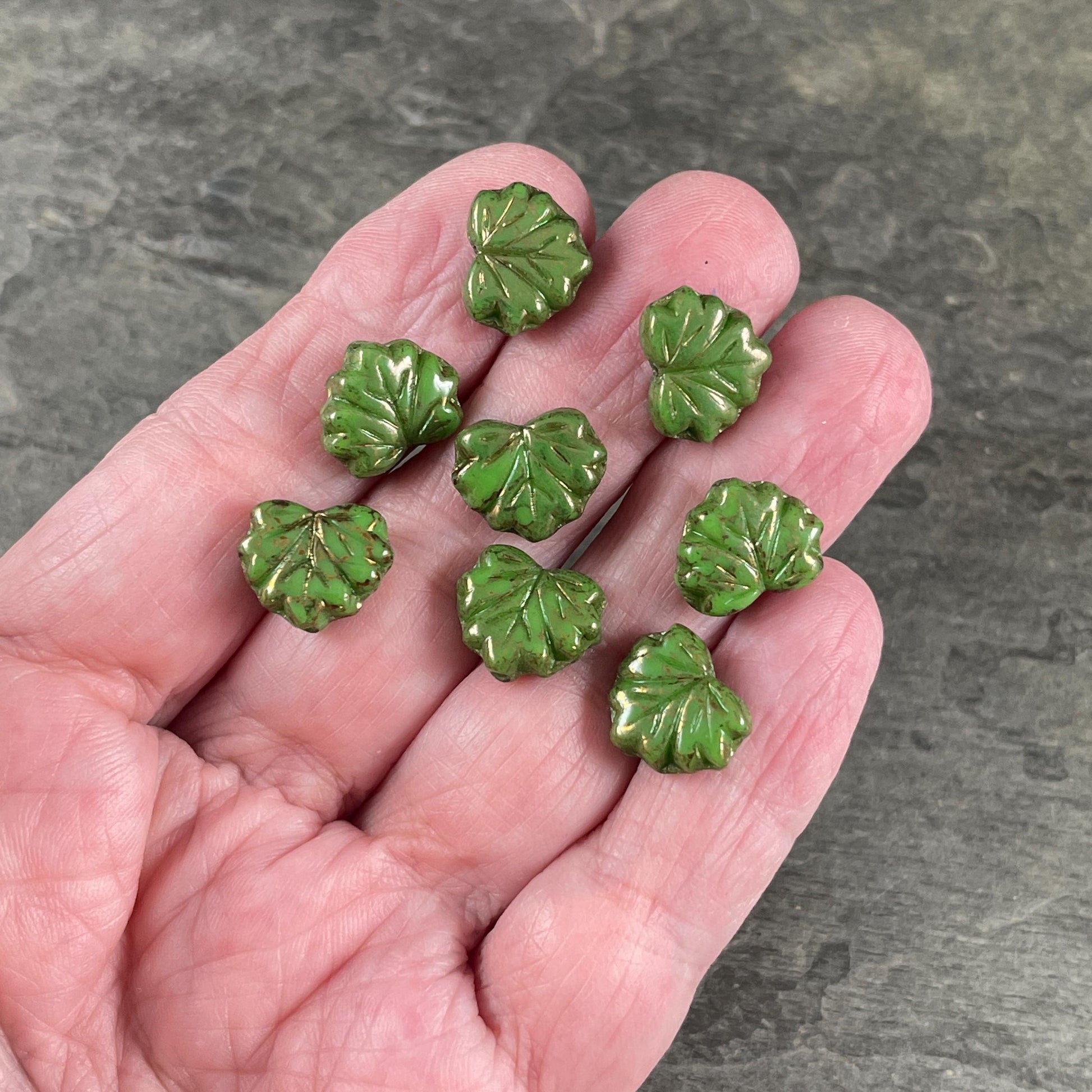 Czech Glass Beads, 10x13mm Green Maple Leaf, Nature Theme Leaf Beads (ML/N-0002) * Qty. 10