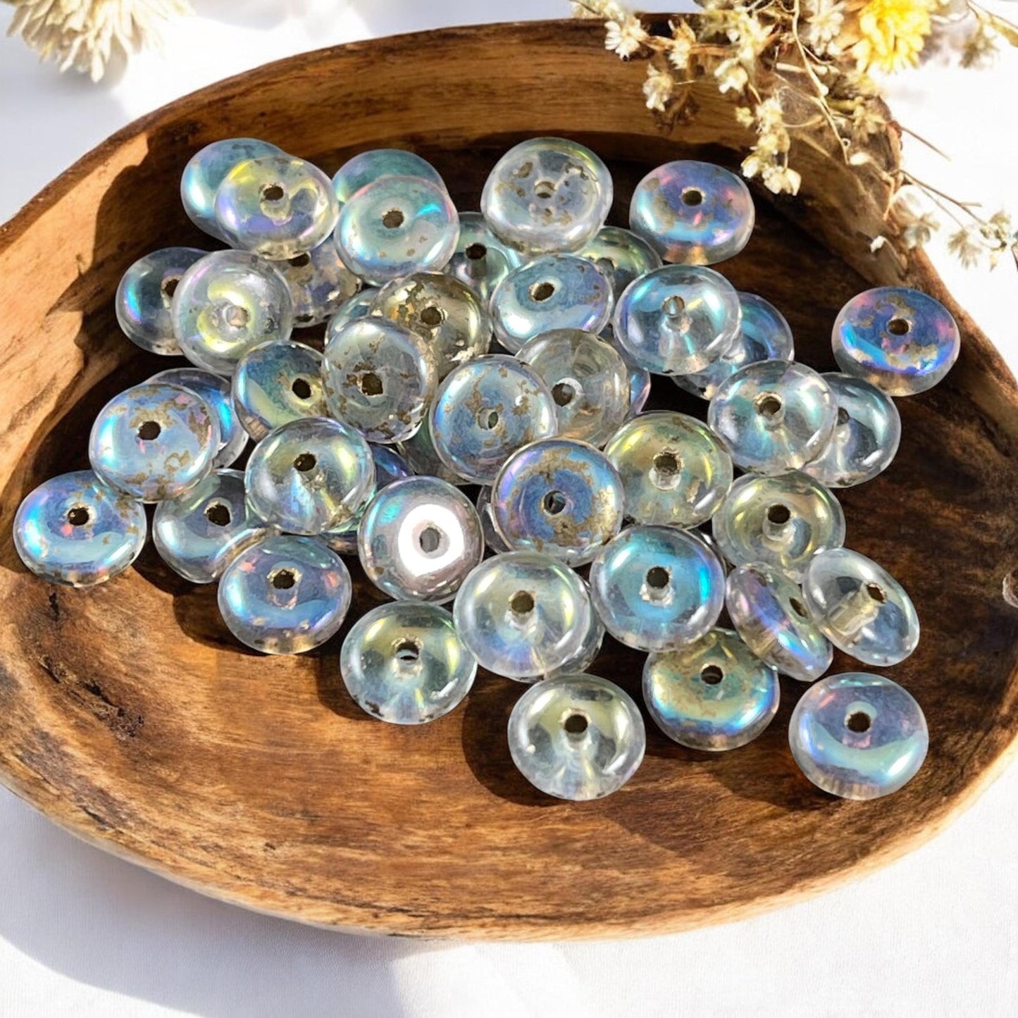 Czech Glass Beads - 6x2mm Heishi Rondelle, Transparent Clear Glass with AB Finish and Gold Wash (DSC/N-2092) * Qty. 50