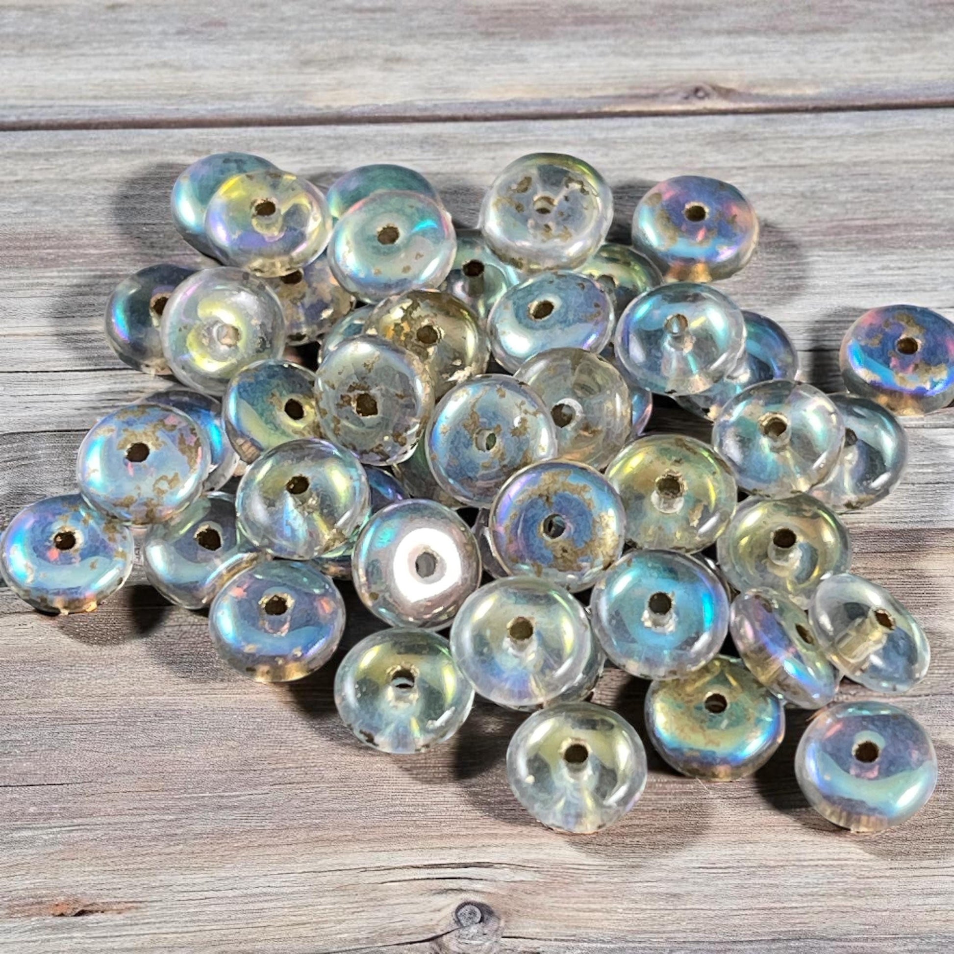 Czech Glass Beads - 6x2mm Heishi Rondelle, Transparent Clear Glass with AB Finish and Gold Wash (DSC/N-2092) * Qty. 50