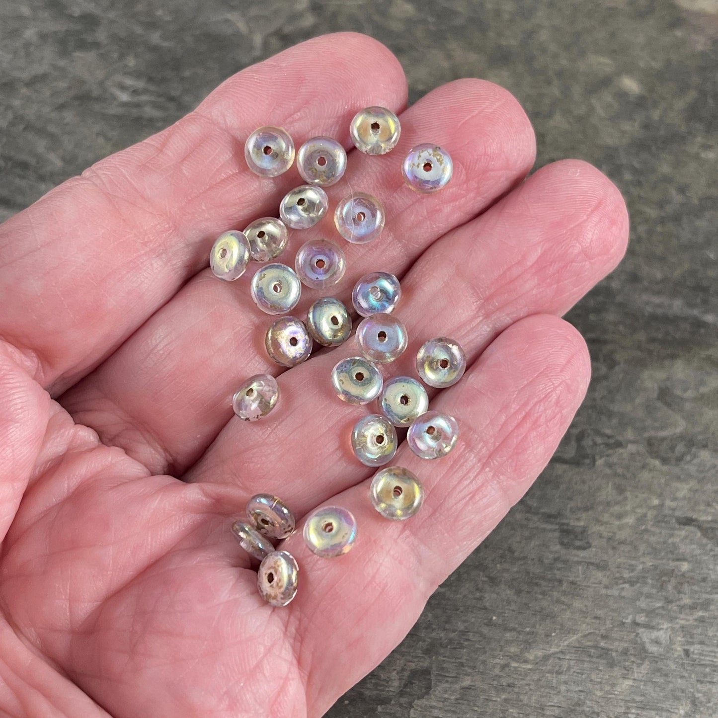 Czech Glass Beads - 6x2mm Heishi Rondelle, Transparent Clear Glass with AB Finish and Gold Wash (DSC/N-2092) * Qty. 50