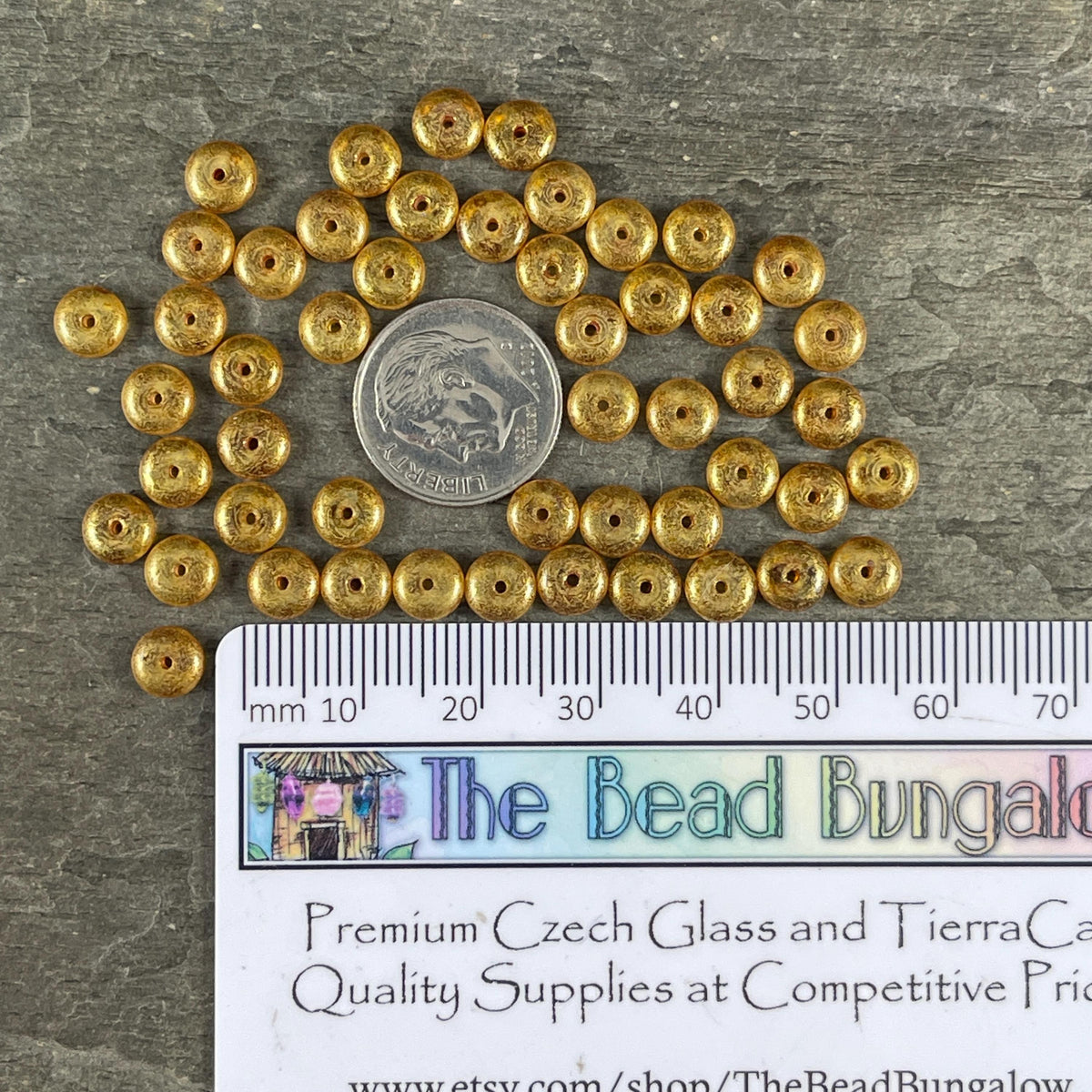 Czech Glass Beads - 6x2mm Heishi Rondelle, Transparent Gold Glass with Gold Finish (DSC/N-0554) * Qty. 50