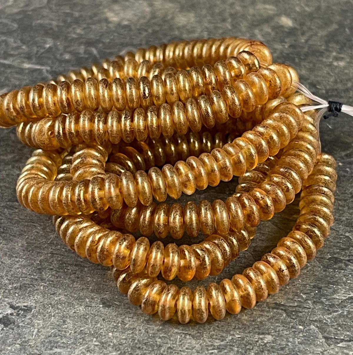 Czech Glass Beads - 6x2mm Heishi Rondelle, Transparent Gold Glass with Gold Finish (DSC/N-0554) * Qty. 50