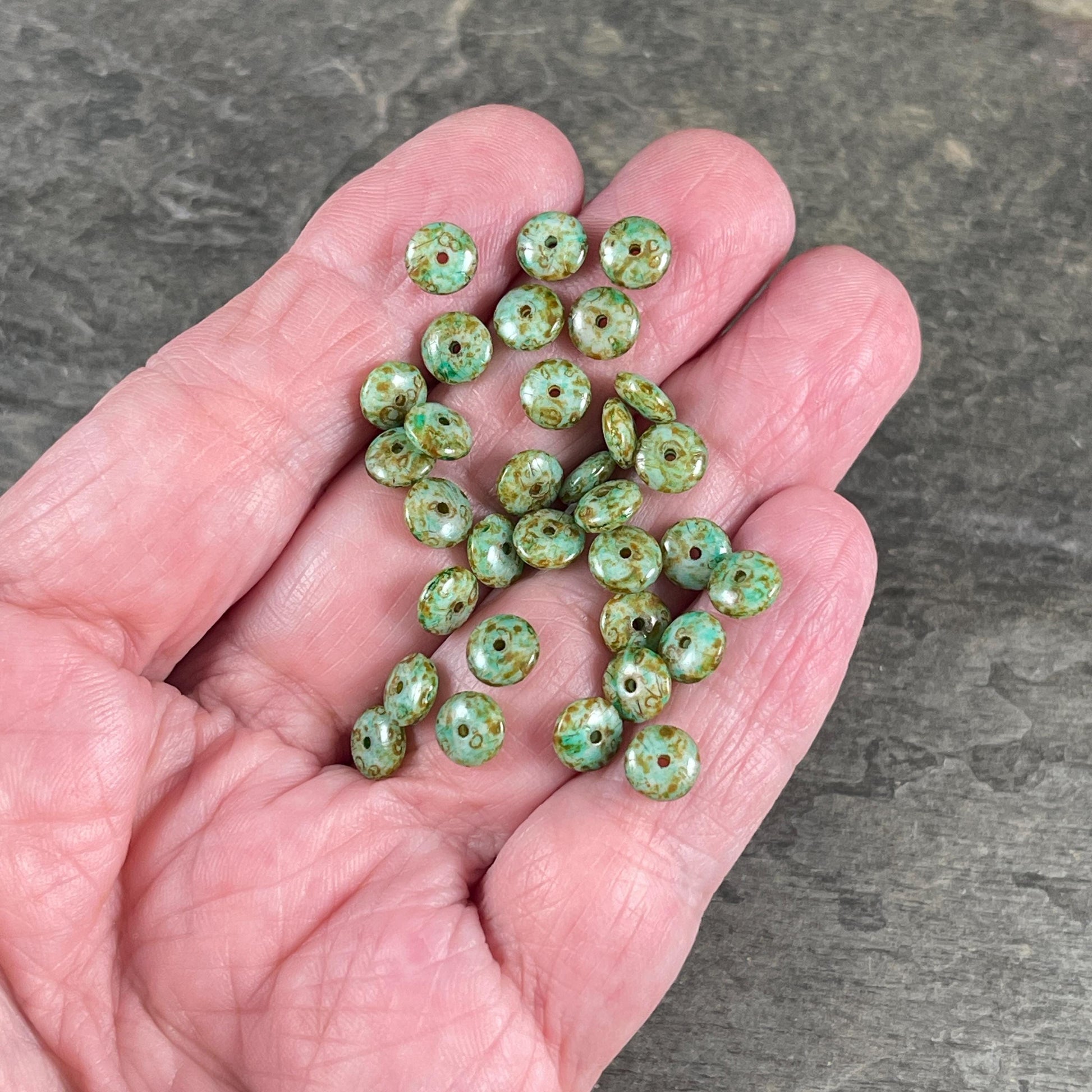 Czech Glass Beads - 6x2mm Heishi Rondelle, Sea Green with Picasso Finish (DSC/N-0422) * Qty. 50