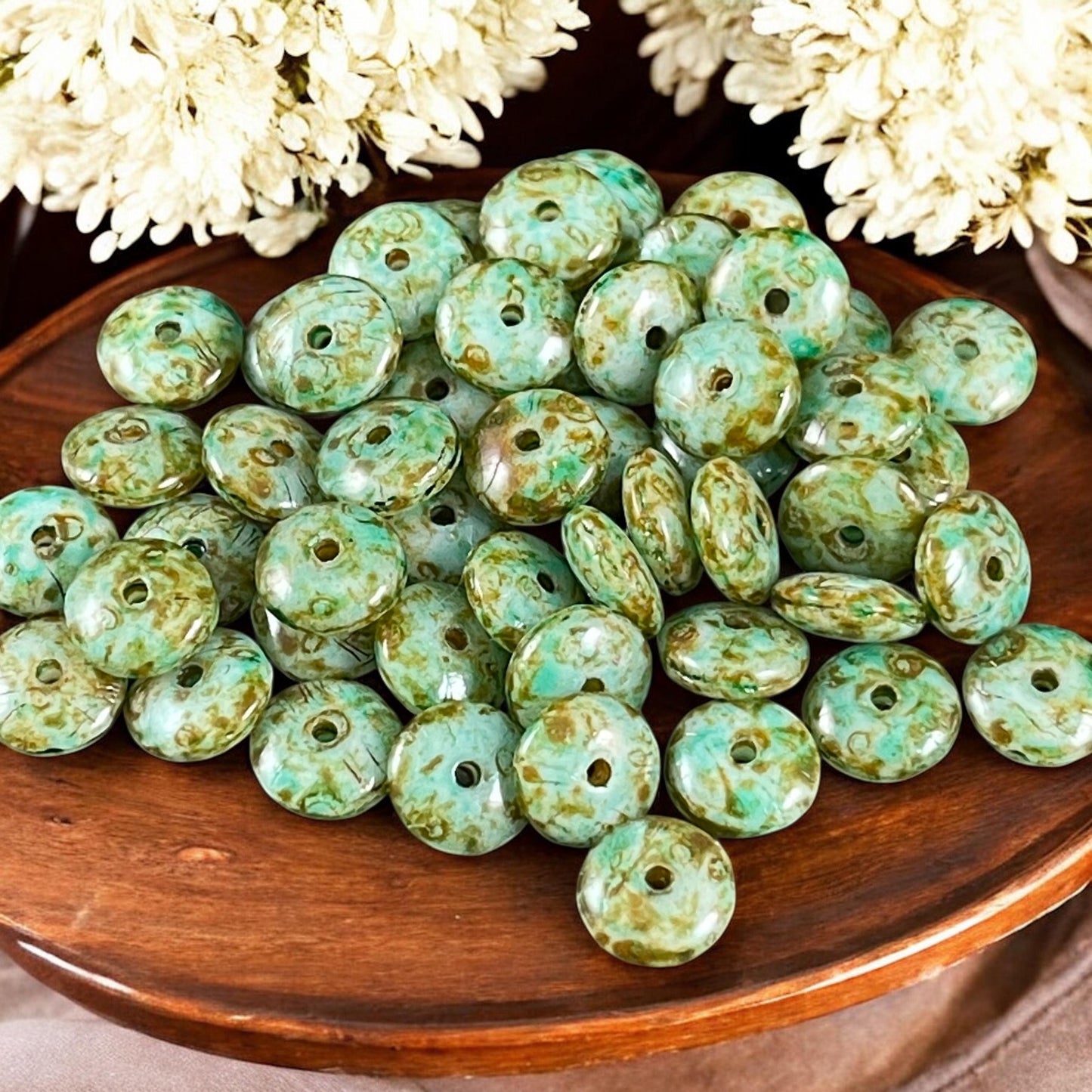 Czech Glass Beads - 6x2mm Heishi Rondelle, Sea Green with Picasso Finish (DSC/N-0422) * Qty. 50