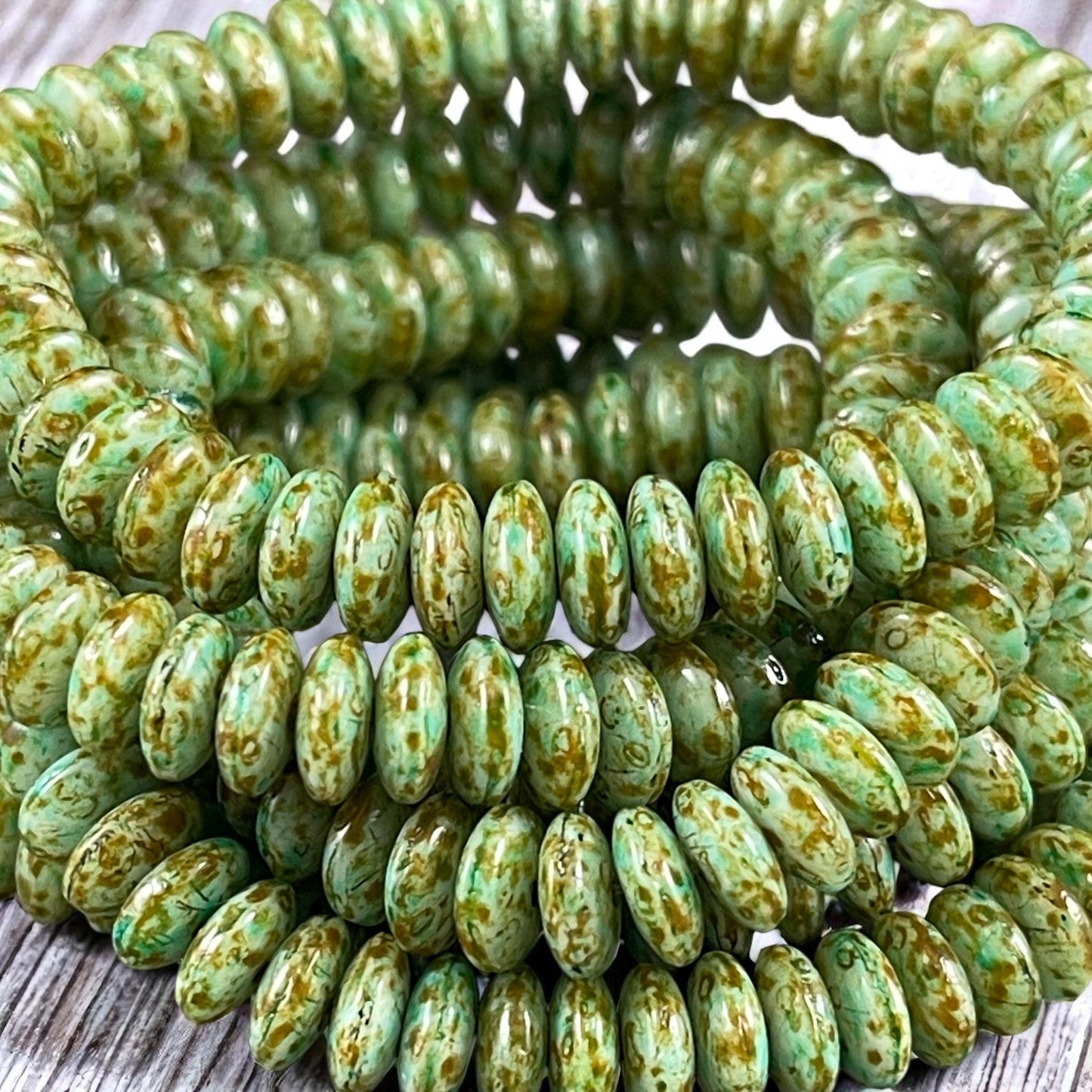 Czech Glass Beads - 6x2mm Heishi Rondelle, Sea Green with Picasso Finish (DSC/N-0422) * Qty. 50
