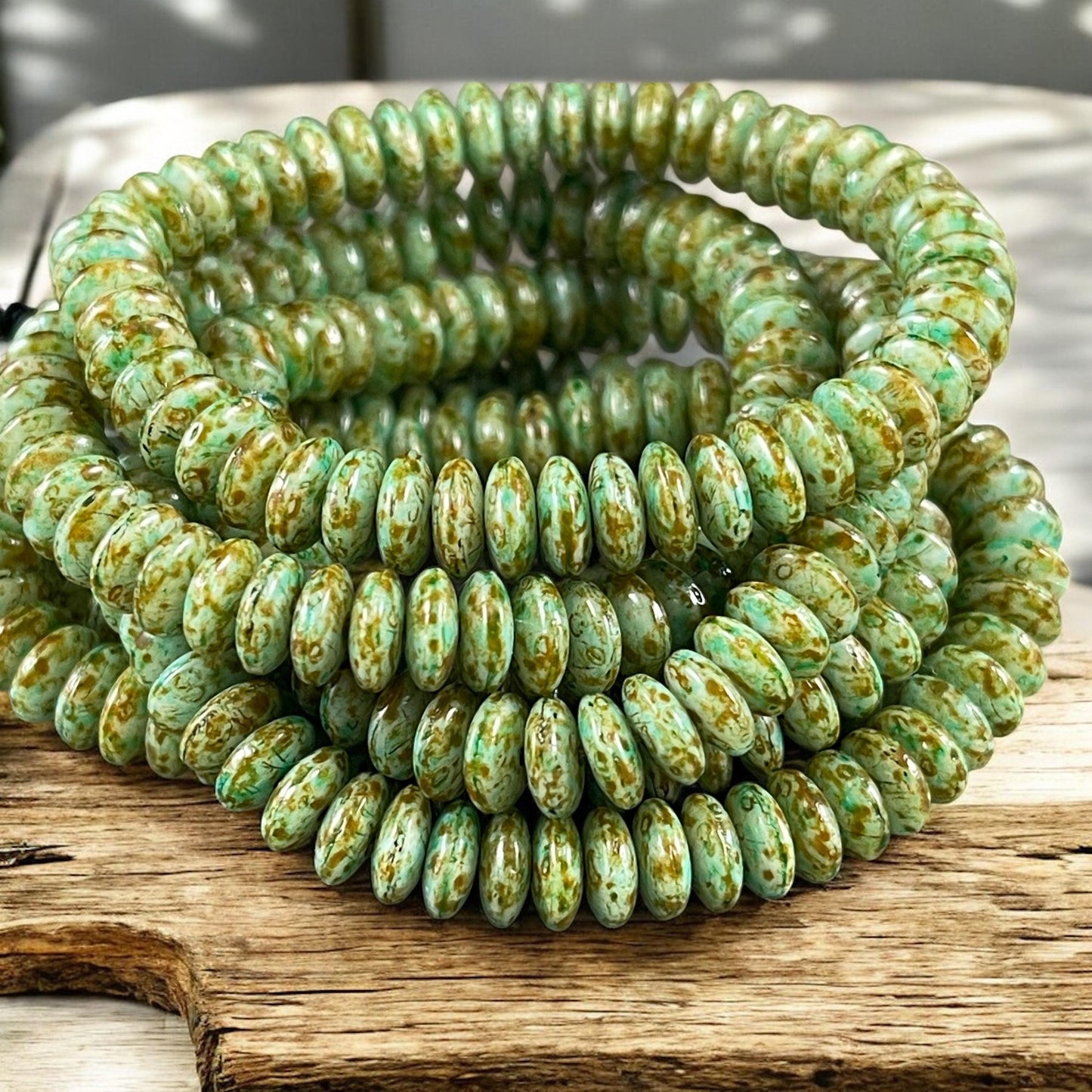 Czech Glass Beads - 6x2mm Heishi Rondelle, Sea Green with Picasso Finish (DSC/N-0422) * Qty. 50