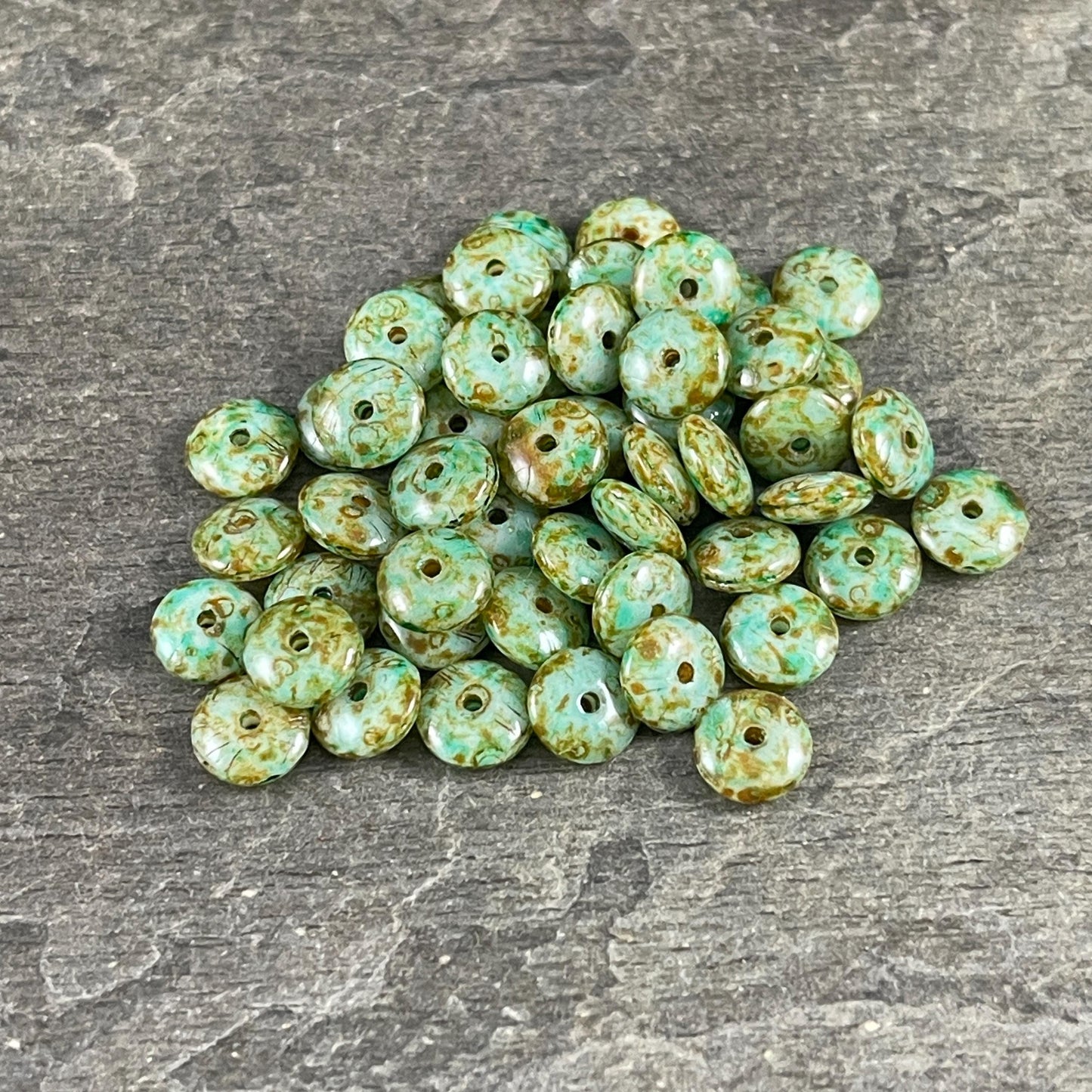 Czech Glass Beads - 6x2mm Heishi Rondelle, Sea Green with Picasso Finish (DSC/N-0422) * Qty. 50