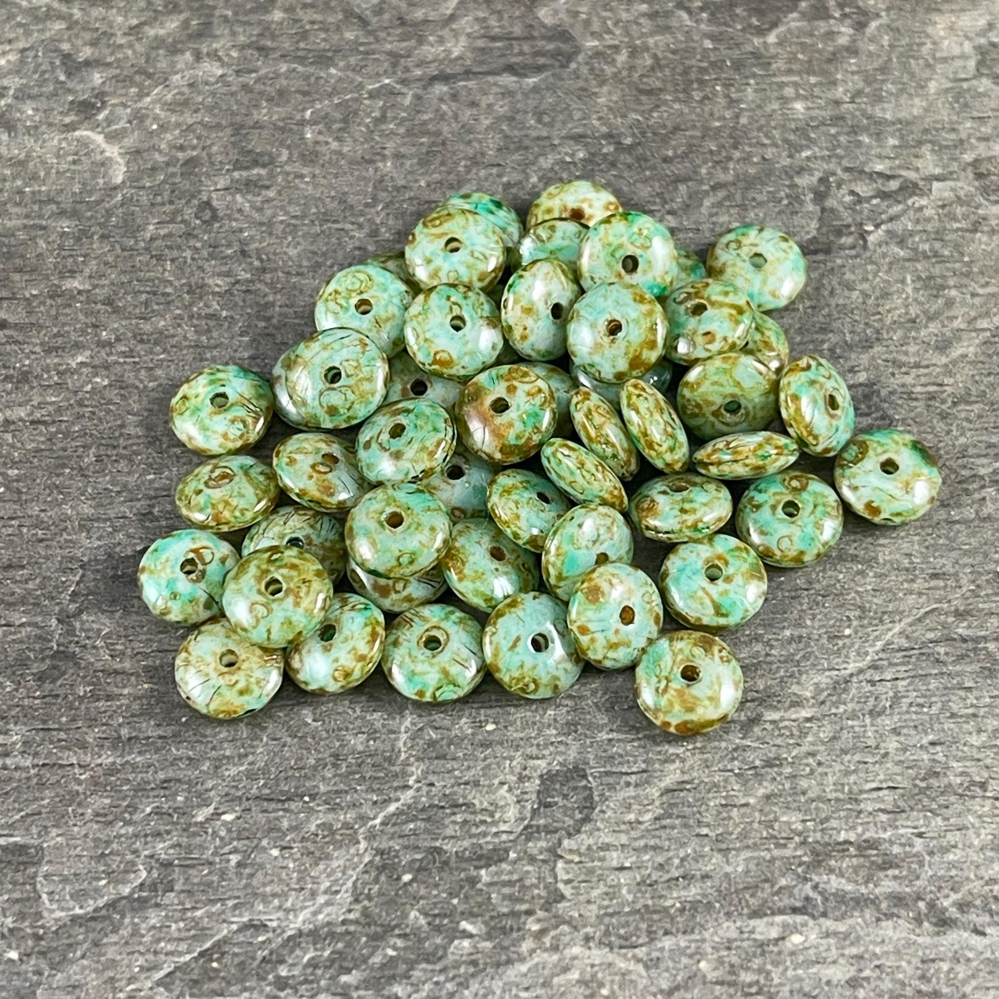 Czech Glass Beads - 6x2mm Heishi Rondelle, Sea Green with Picasso Finish (DSC/N-0422) * Qty. 50