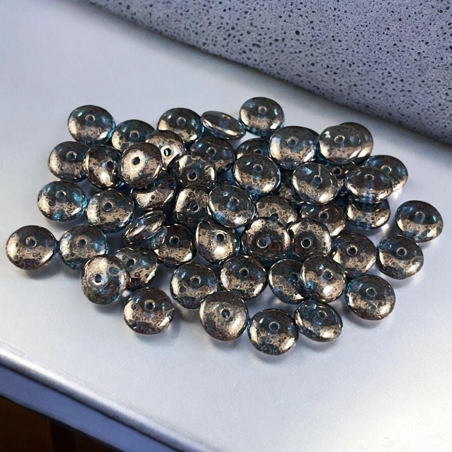 Czech Glass Beads - 6x2mm Heishi Rondelle, Transparent Sapphire with Gold Finish (DSC/N-0445) * Qty. 50
