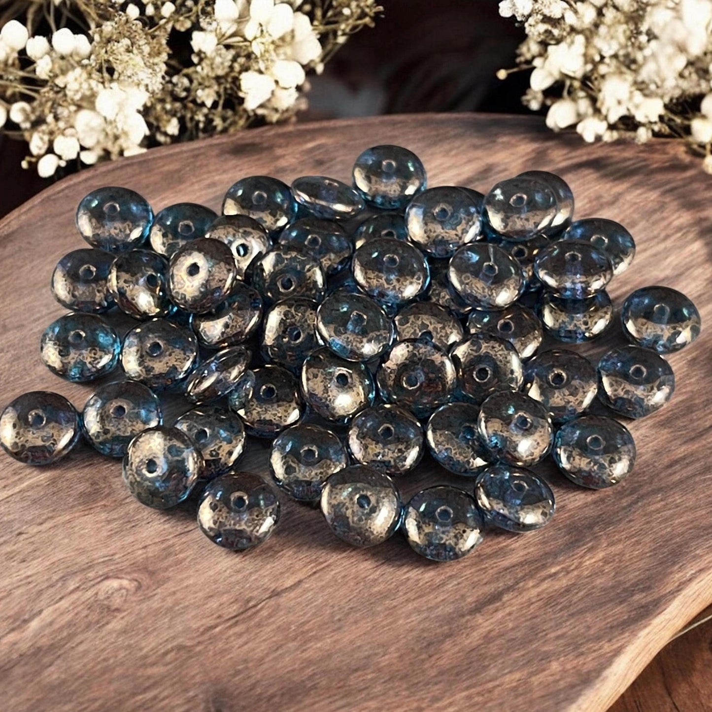 Czech Glass Beads - 6x2mm Heishi Rondelle, Transparent Sapphire with Gold Finish (DSC/N-0445) * Qty. 50