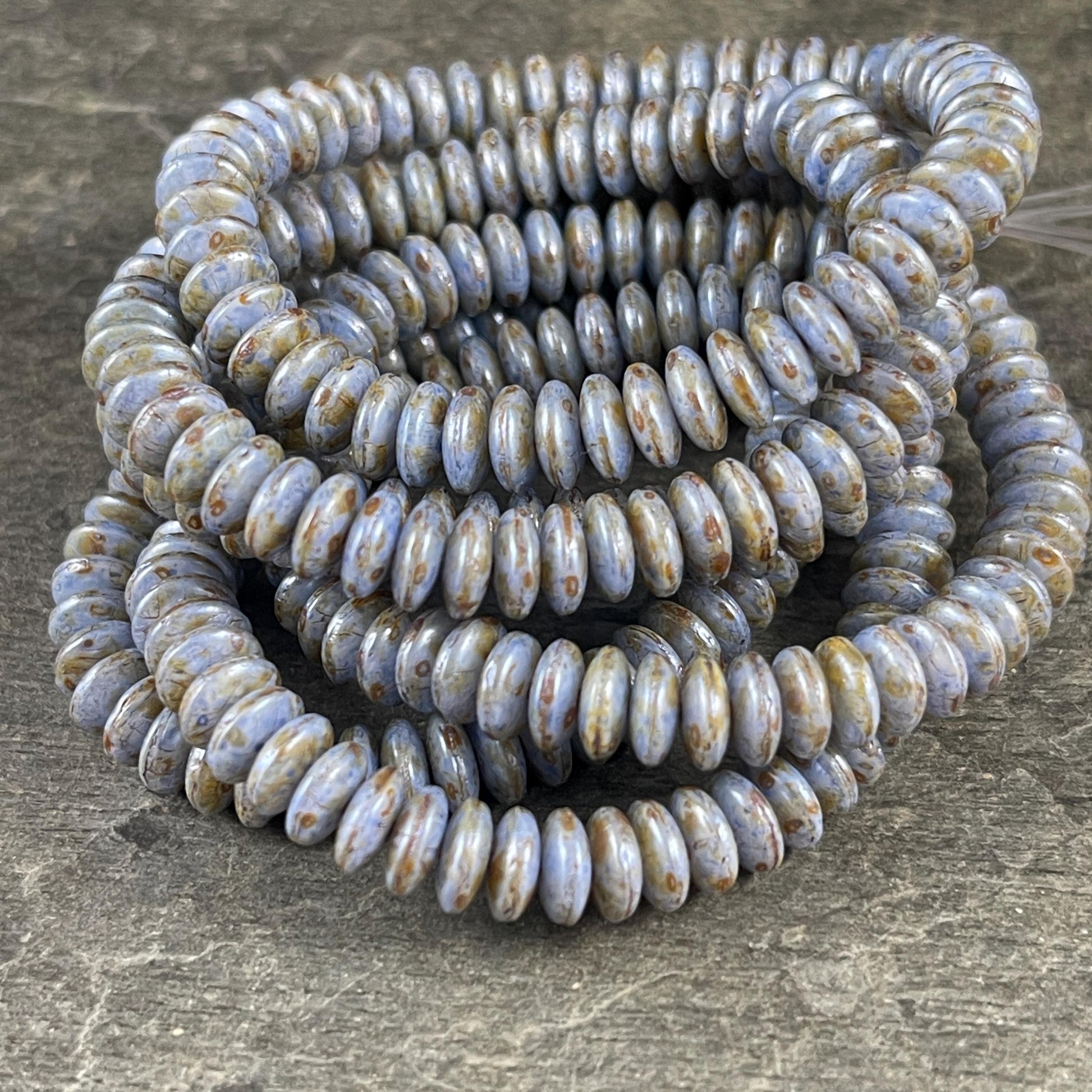 Czech Glass Beads - 6x2mm Heishi Rondelle, Cornflower Blue Picasso (DSC/N-0534) * Qty. 50