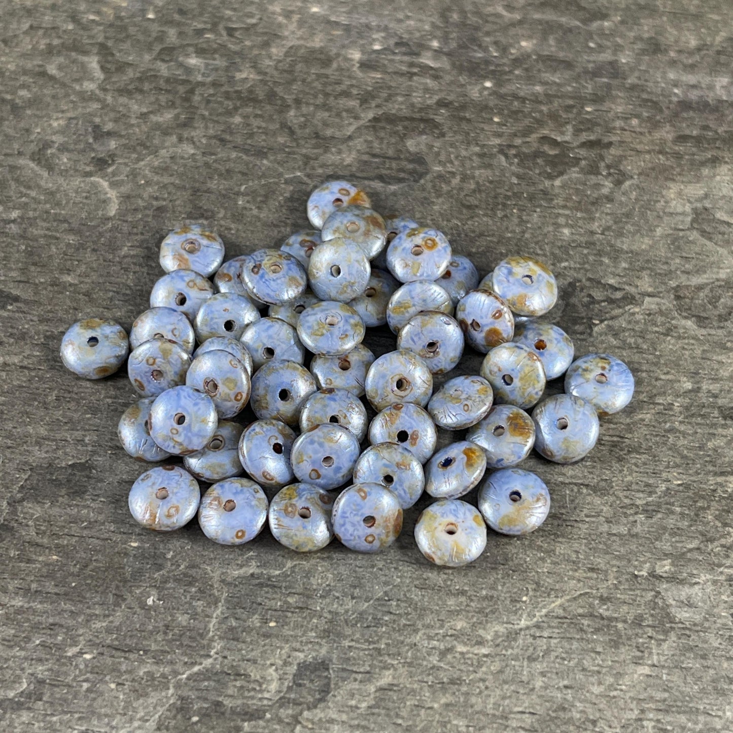 Czech Glass Beads - 6x2mm Heishi Rondelle, Cornflower Blue Picasso (DSC/N-0534) * Qty. 50