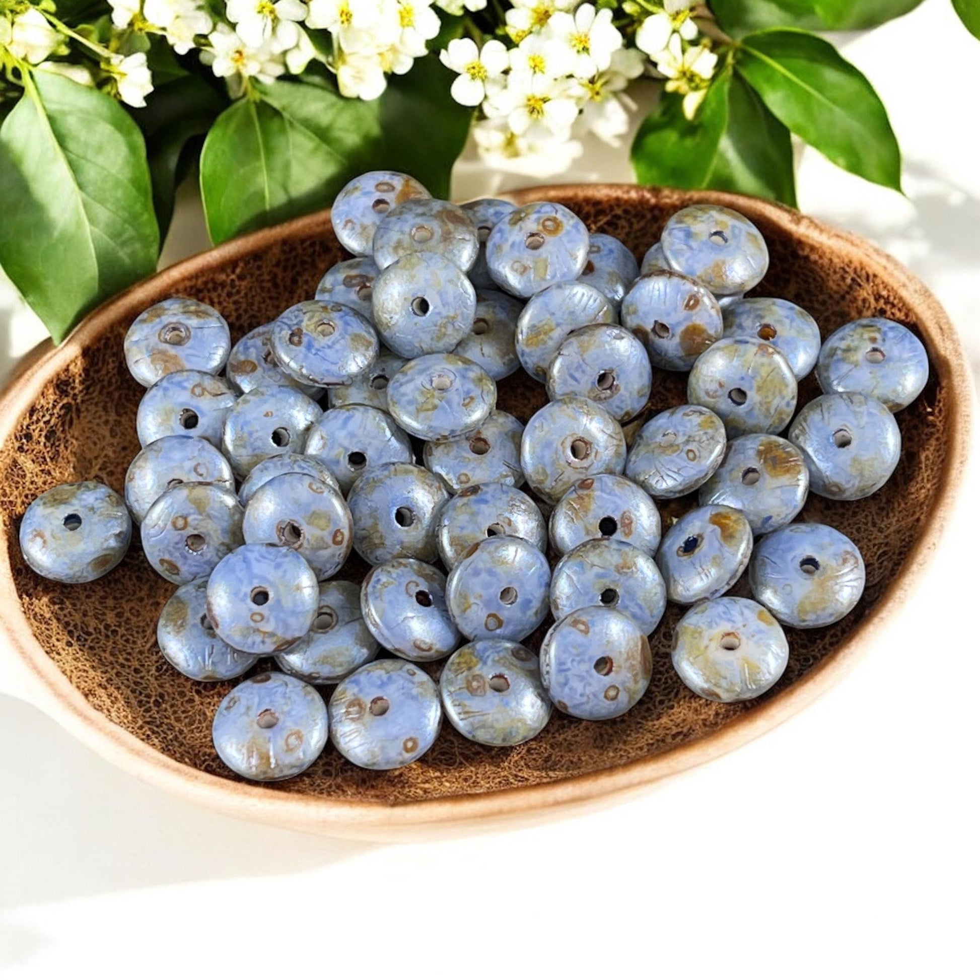 Czech Glass Beads - 6x2mm Heishi Rondelle, Cornflower Blue Picasso (DSC/N-0534) * Qty. 50