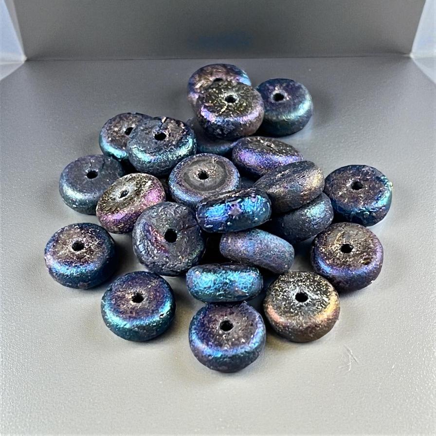 Czech Glass Beads, 4x8mm Blue Iris Heishi Rondelle, Etched Mother of Pearl Iridescent Beads (HSH/N-1941) * 25 Beads