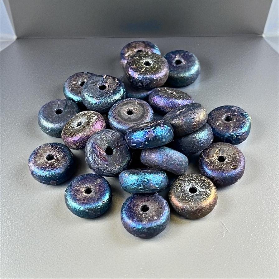 Czech Glass Beads, 4x8mm Blue Iris Heishi Rondelle, Etched Mother of Pearl Iridescent Beads (HSH/N-1941) * 25 Beads