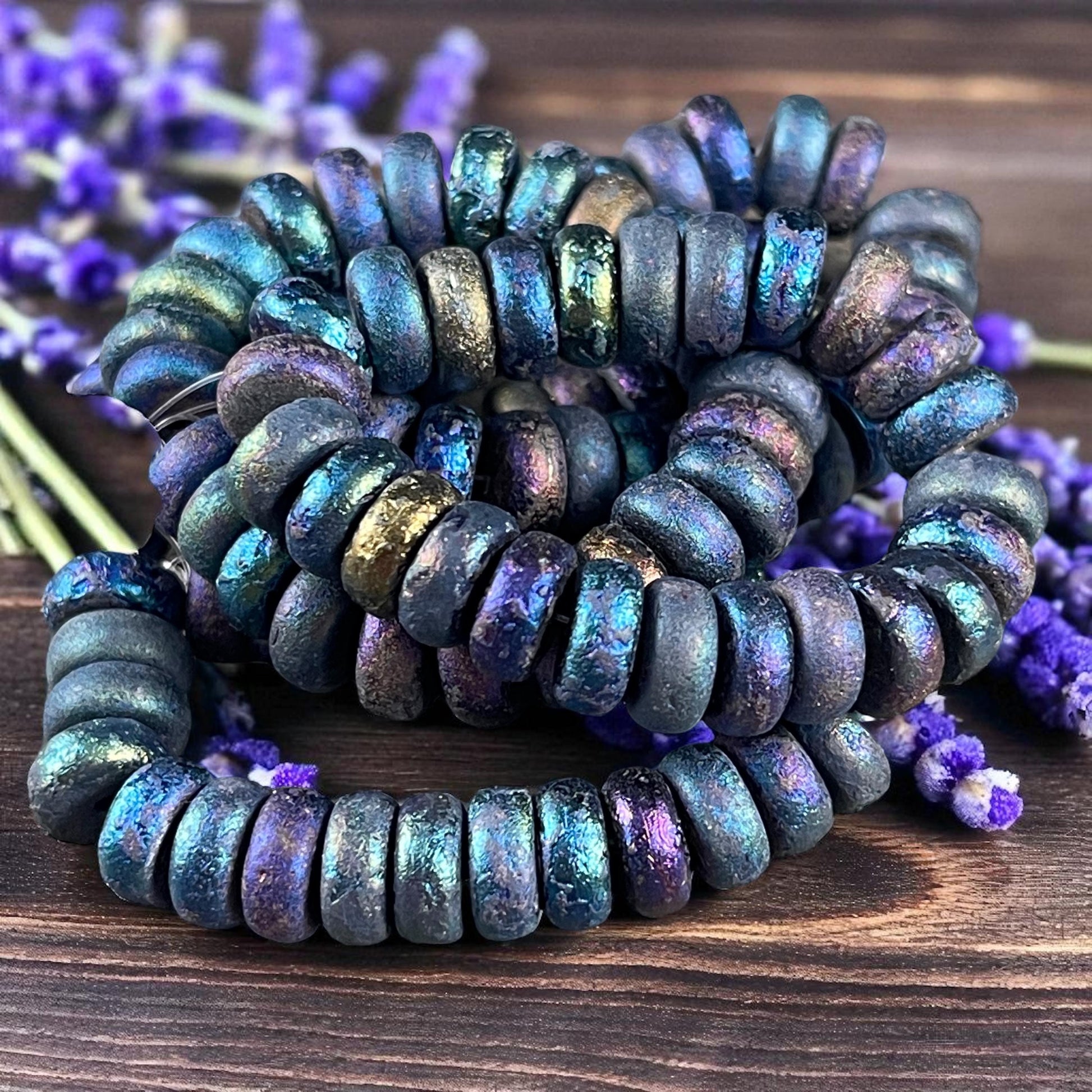 Czech Glass Beads, 4x8mm Blue Iris Heishi Rondelle, Etched Mother of Pearl Iridescent Beads (HSH/N-1941) * 25 Beads