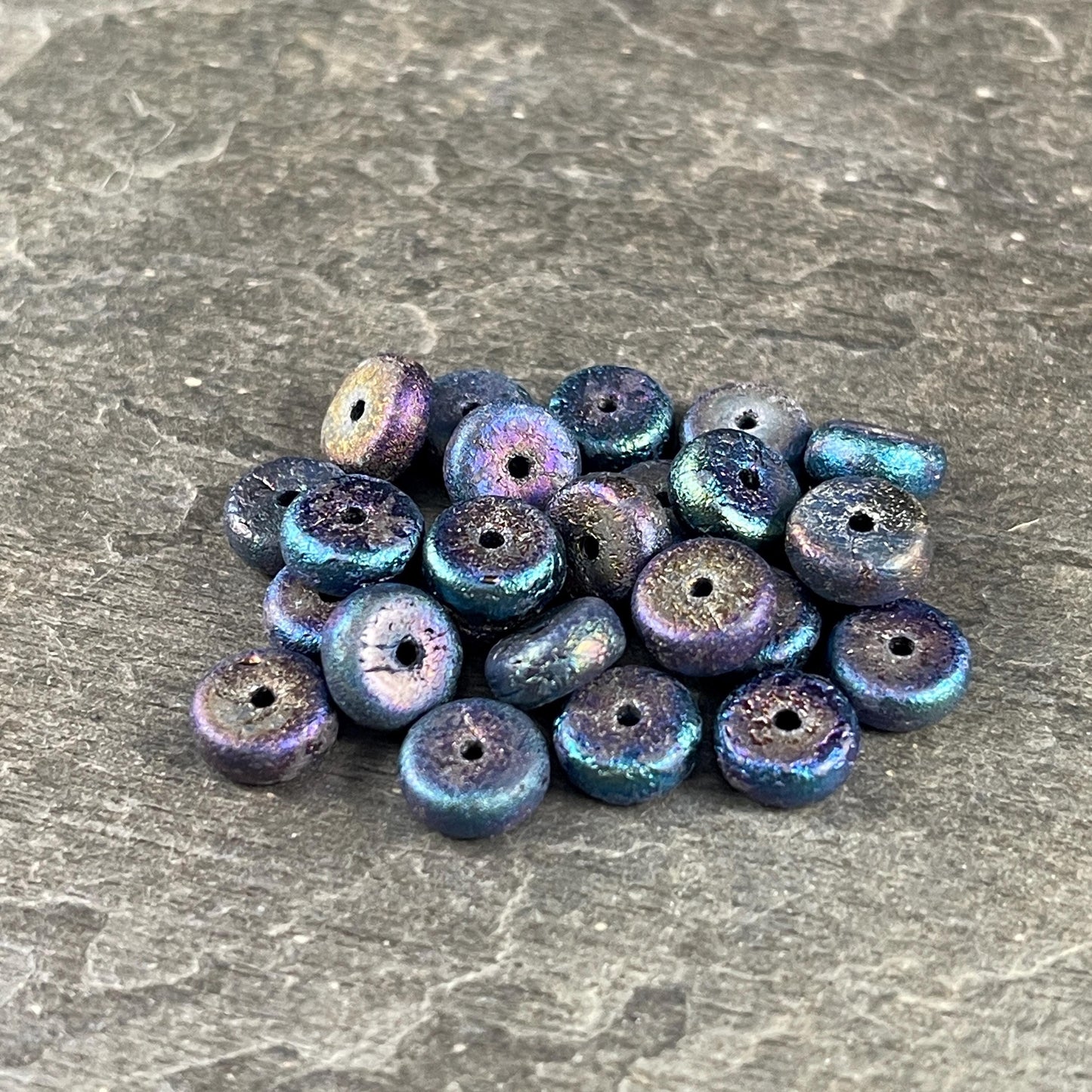 Czech Glass Beads, 4x8mm Blue Iris Heishi Rondelle, Etched Mother of Pearl Iridescent Beads (HSH/N-1941) * 25 Beads