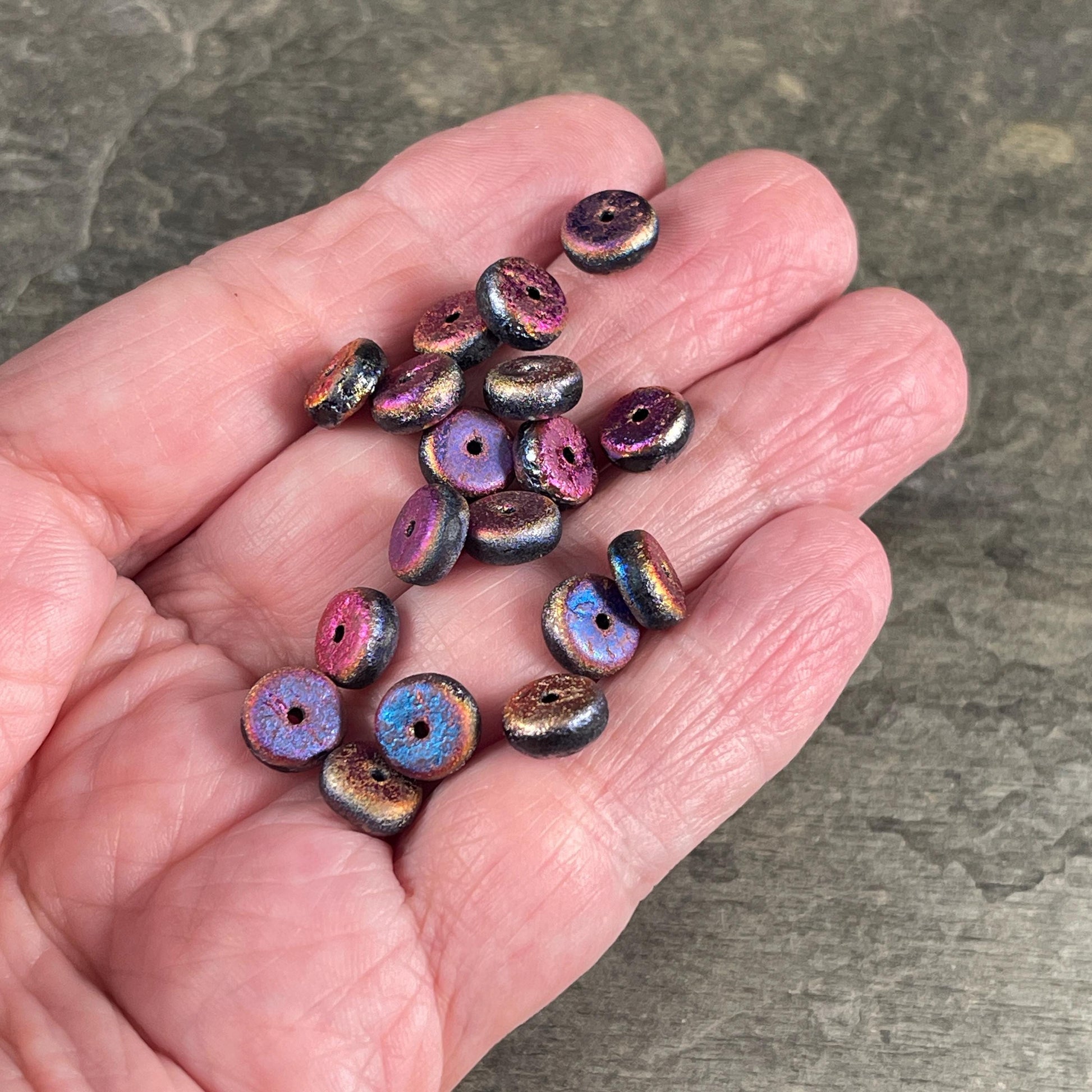 Czech Glass Beads, 4x8mm Rondelle, Etched Black with Metallic Volcano Finish (HSH/N-0191) * 25 Beads