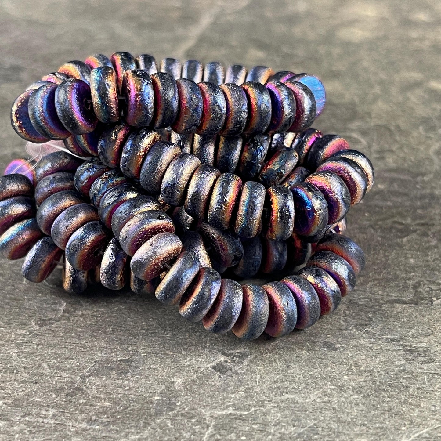 Czech Glass Beads, 4x8mm Rondelle, Etched Black with Metallic Volcano Finish (HSH/N-0191) * 25 Beads