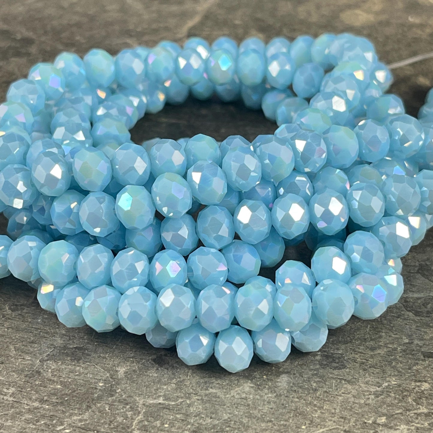 Baby Blue 8x6mm Rondelle, Pastel Blue Faceted Glass Beads with AB Finish (PastelBlueAB-8) * 36 Beads