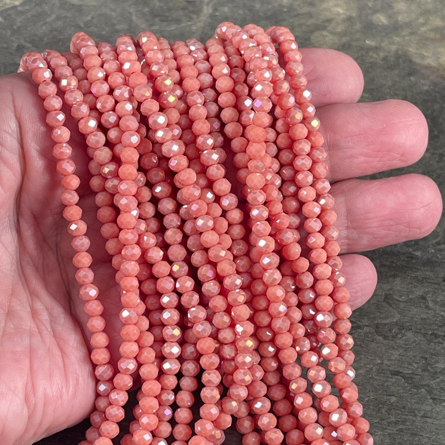 Light Salmon 4x3mm Faceted Glass Beads, Pinkish Orange Glass Beads with AB Finish (Salmon-4) * 100 Beads