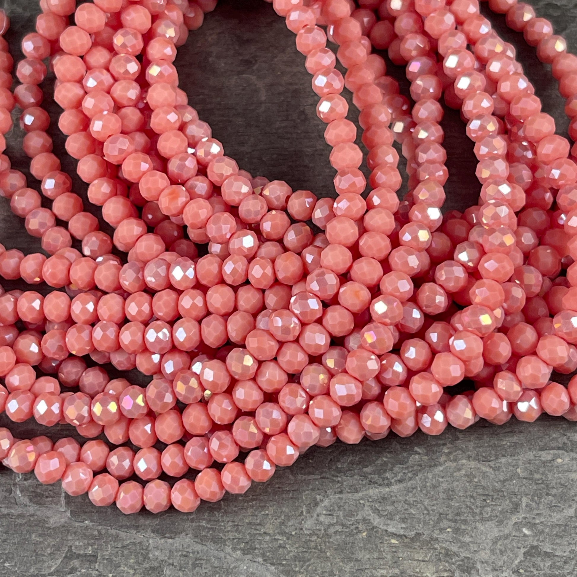 Light Salmon 4x3mm Faceted Glass Beads, Pinkish Orange Glass Beads with AB Finish (Salmon-4) * 100 Beads
