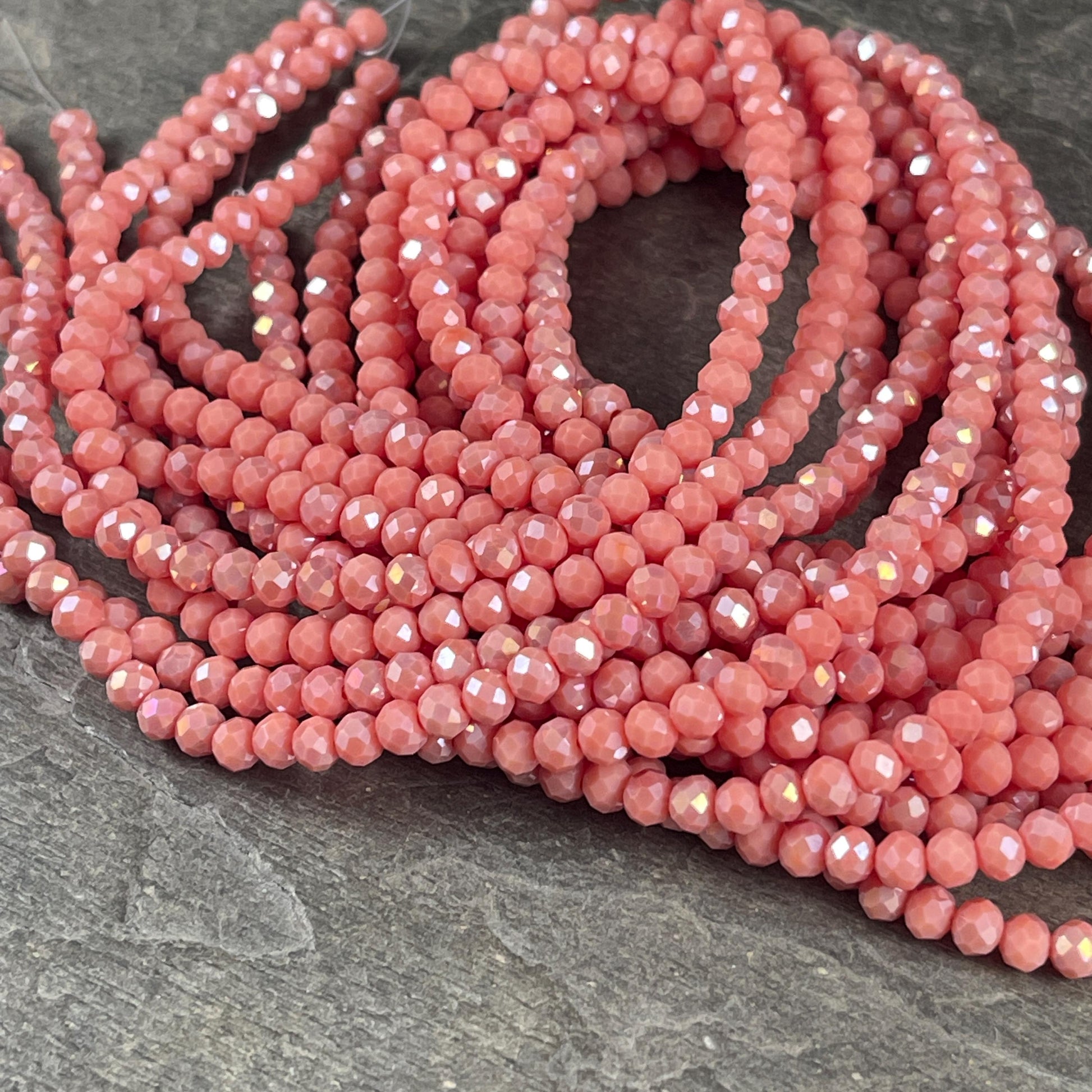 Light Salmon 4x3mm Faceted Glass Beads, Pinkish Orange Glass Beads with AB Finish (Salmon-4) * 100 Beads