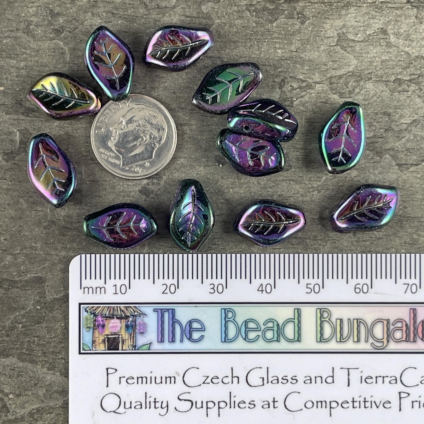 Czech Glass Beads - 15x10mm Wavy Briolette Leaf, Metallic Purple Iris Leaf Bead (FMG-7688MD) * Qty. 12