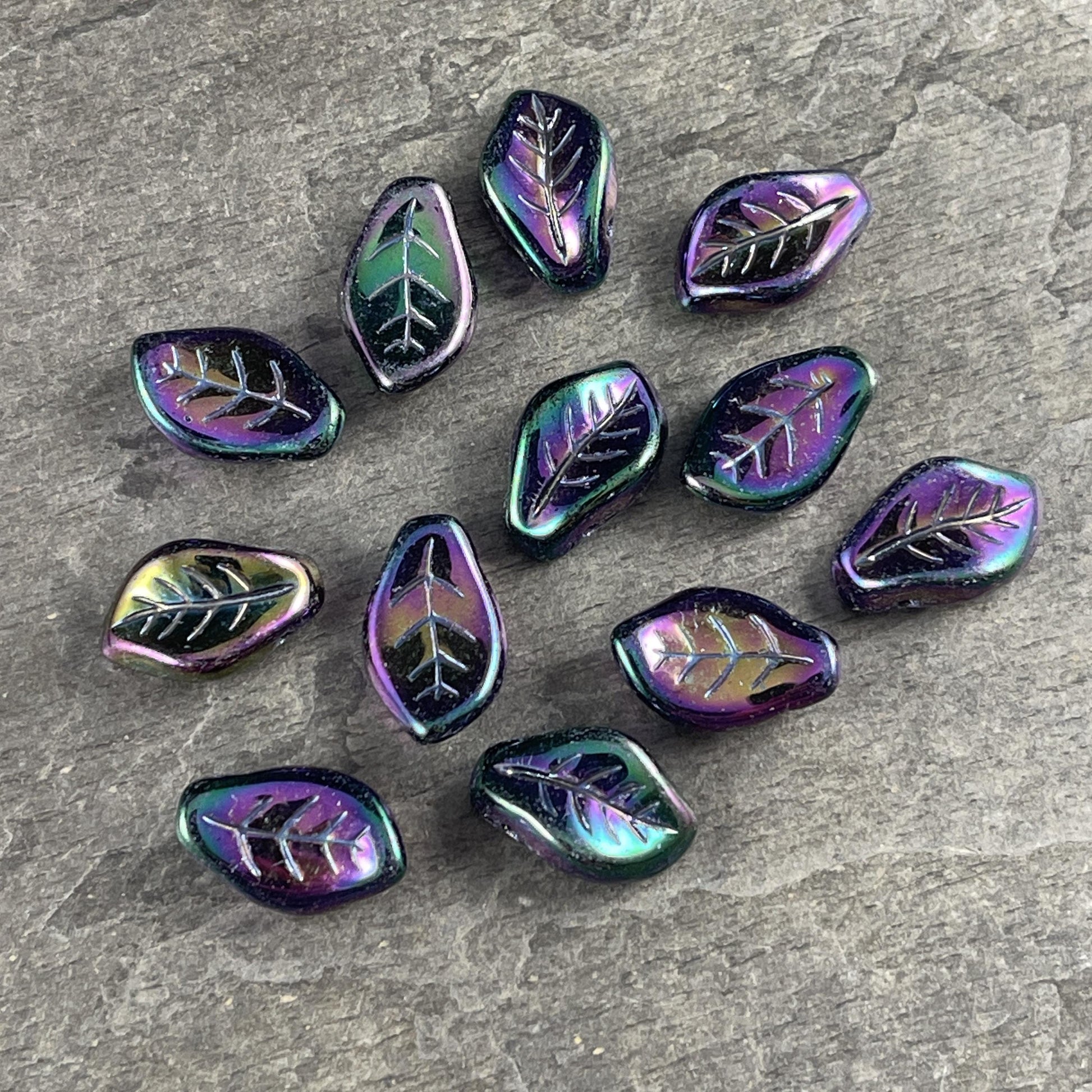 Czech Glass Beads - 15x10mm Wavy Briolette Leaf, Metallic Purple Iris Leaf Bead (FMG-7688MD) * Qty. 12